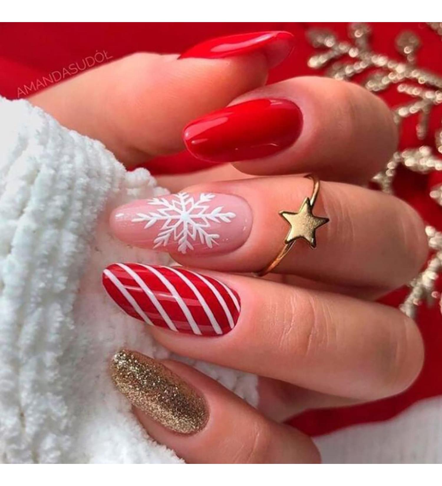 Vatocu Christmas False Nails - Short Red Press On Nails with Snowflake, Elk, and Snowman Designs - 24pcs for Women and Girls - Buy Online on GoSupps.com