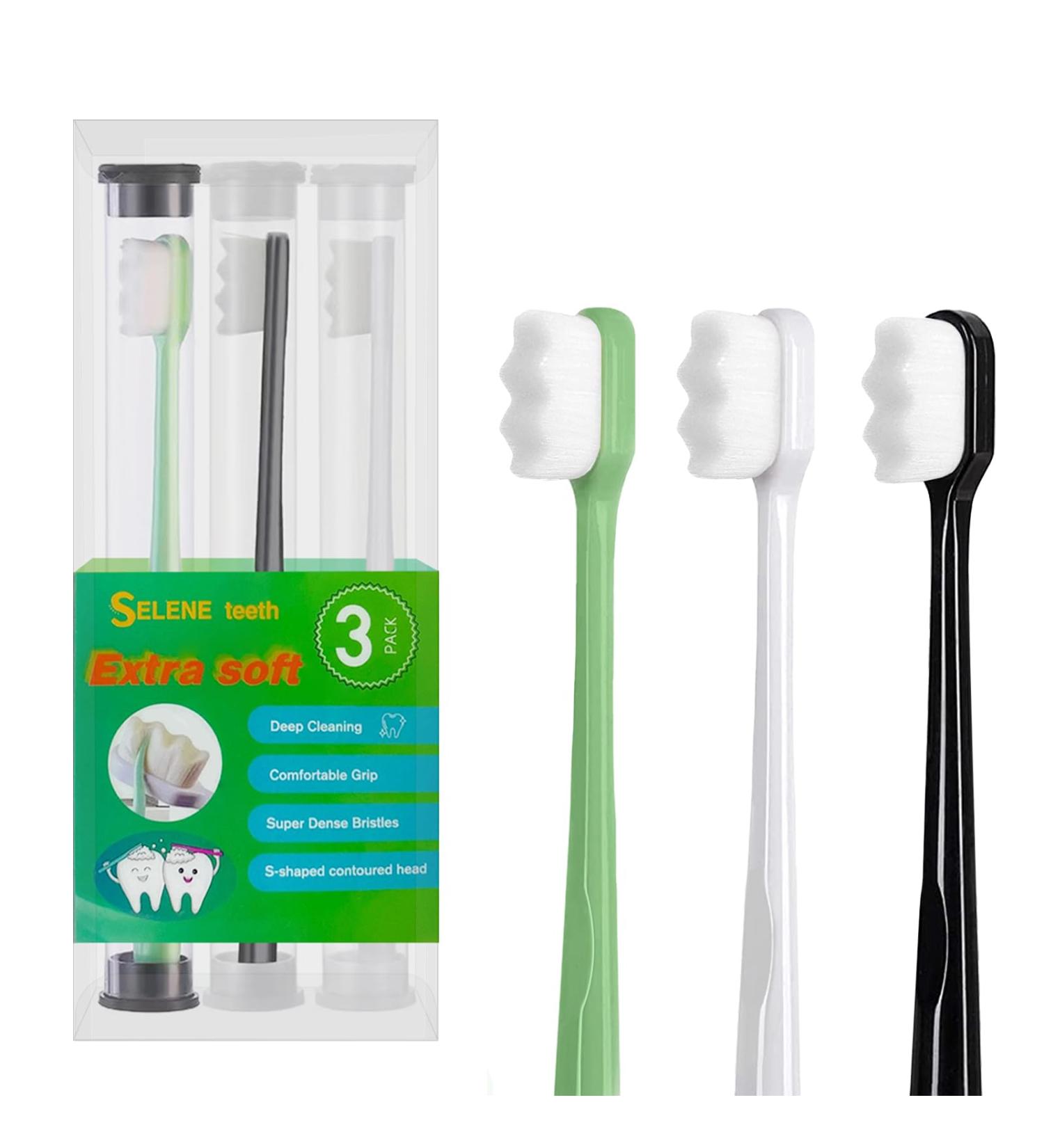 Selene S-Shape Extra Soft Toothbrushes - 20 000 Bristles for Sensitive Gums Ideal for Kids Pregnant Women & Elderly (3 Pcs) - Green Black White - Buy Online on GoSupps.com