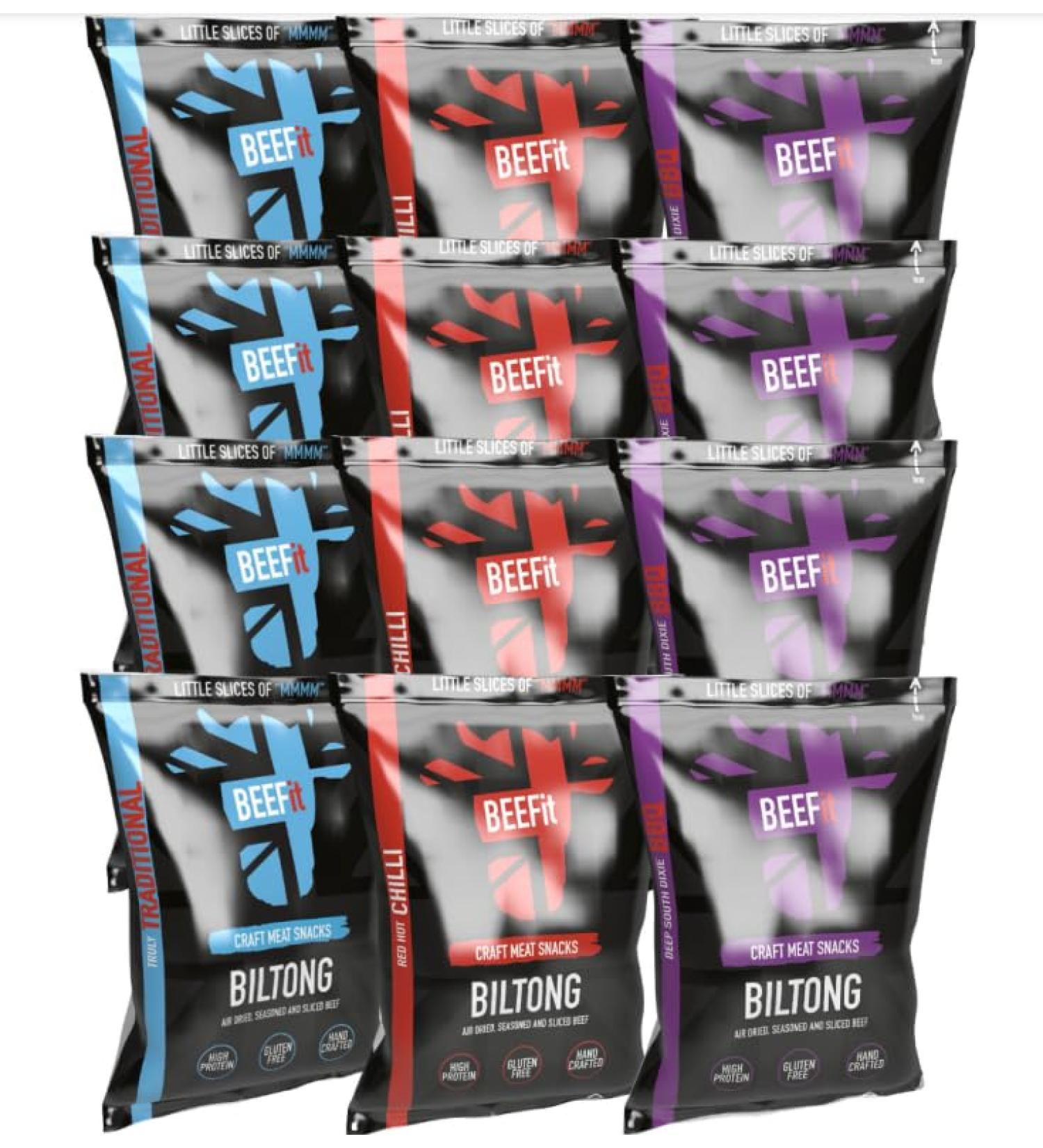 BEEFit Biltong Beef Jerky Variety Pack | 12x30g | Traditional Red Hot Chilli & BBQ Flavors | High Protein | Gluten Free | Keto Friendly - Buy Online on GoSupps.com