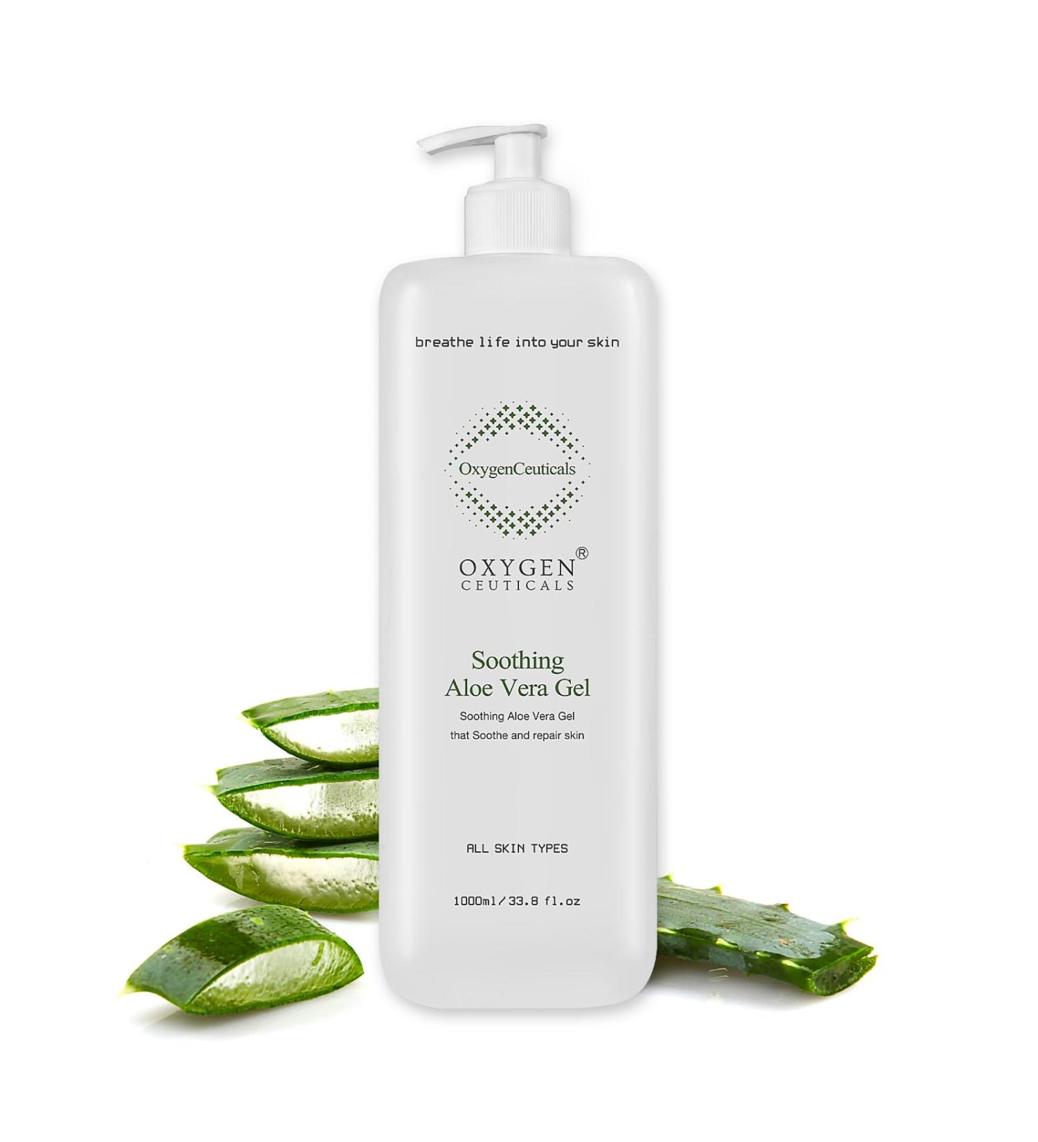 OxygenCeuticals Soothing Aloe Vera Gel (1000ml/33.8oz) Natural Hydrating Gel for Face & Body, Moisturizing After-Sun Care with Aloe Vera, Centella Asiatica, and Hyaluronic Acid - Buy Online on GoSupps.com