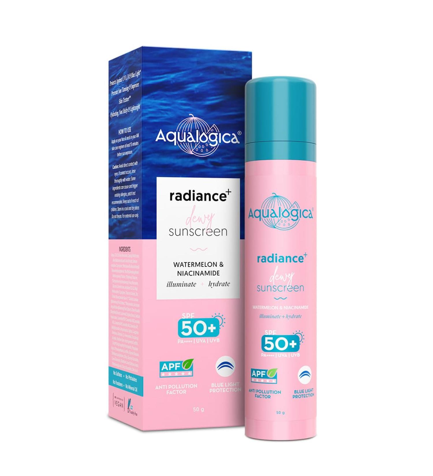 Aqualogica Radiance+ Niacinamide SPF 50 Sunscreen with PA+++ for UVA/B & Blue Light Protection | Sun & Device Screen Light Protector | Lightweight & Fragrance-Free | 1.76 Oz/50g - Buy Online on GoSupps.com