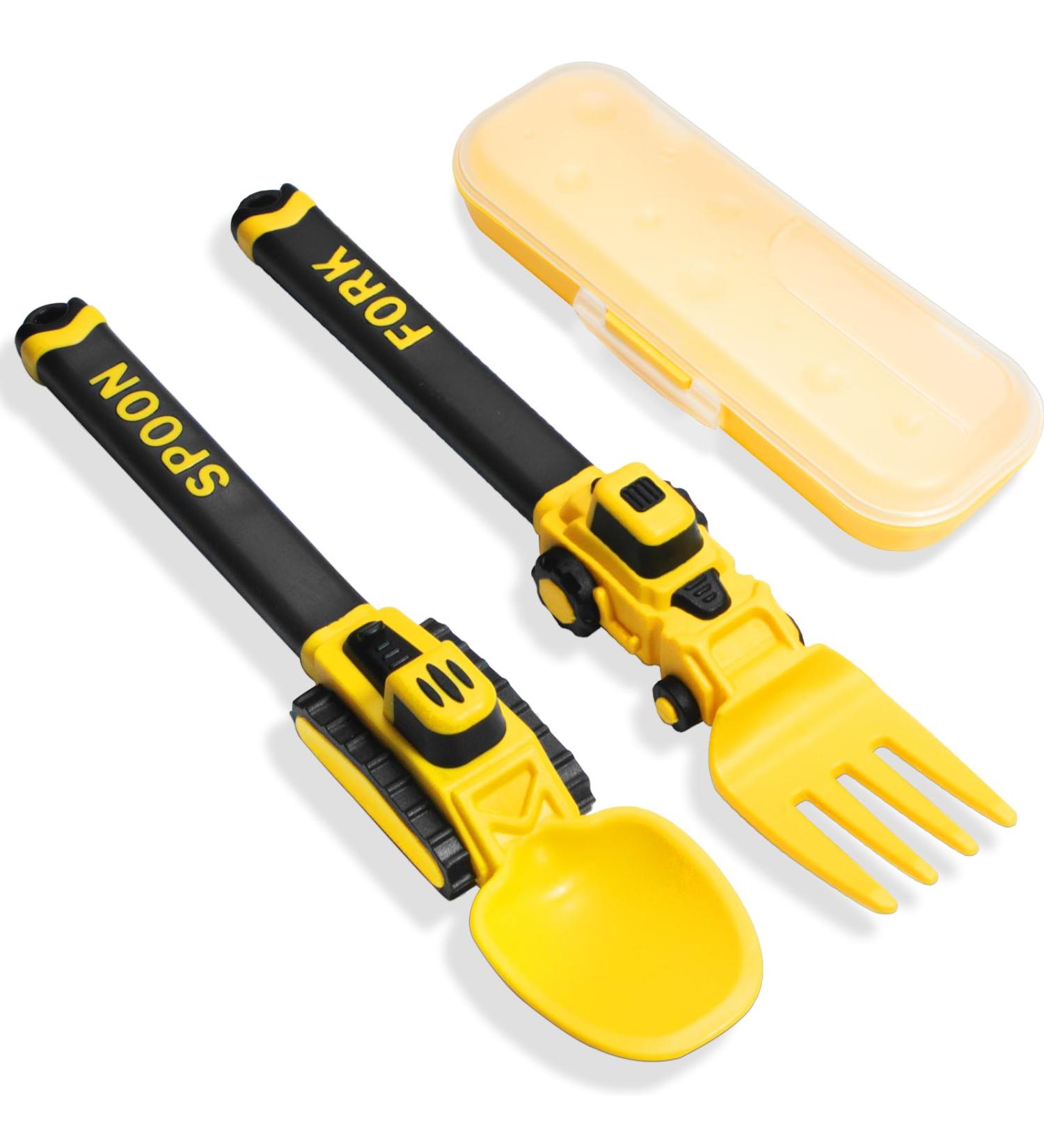 Construction Themed Children Cutlery Set Excavator Fork & Spoon for Toddlers (1-5 Years) Portable Yellow Baby Cutlery - Buy Online on GoSupps.com