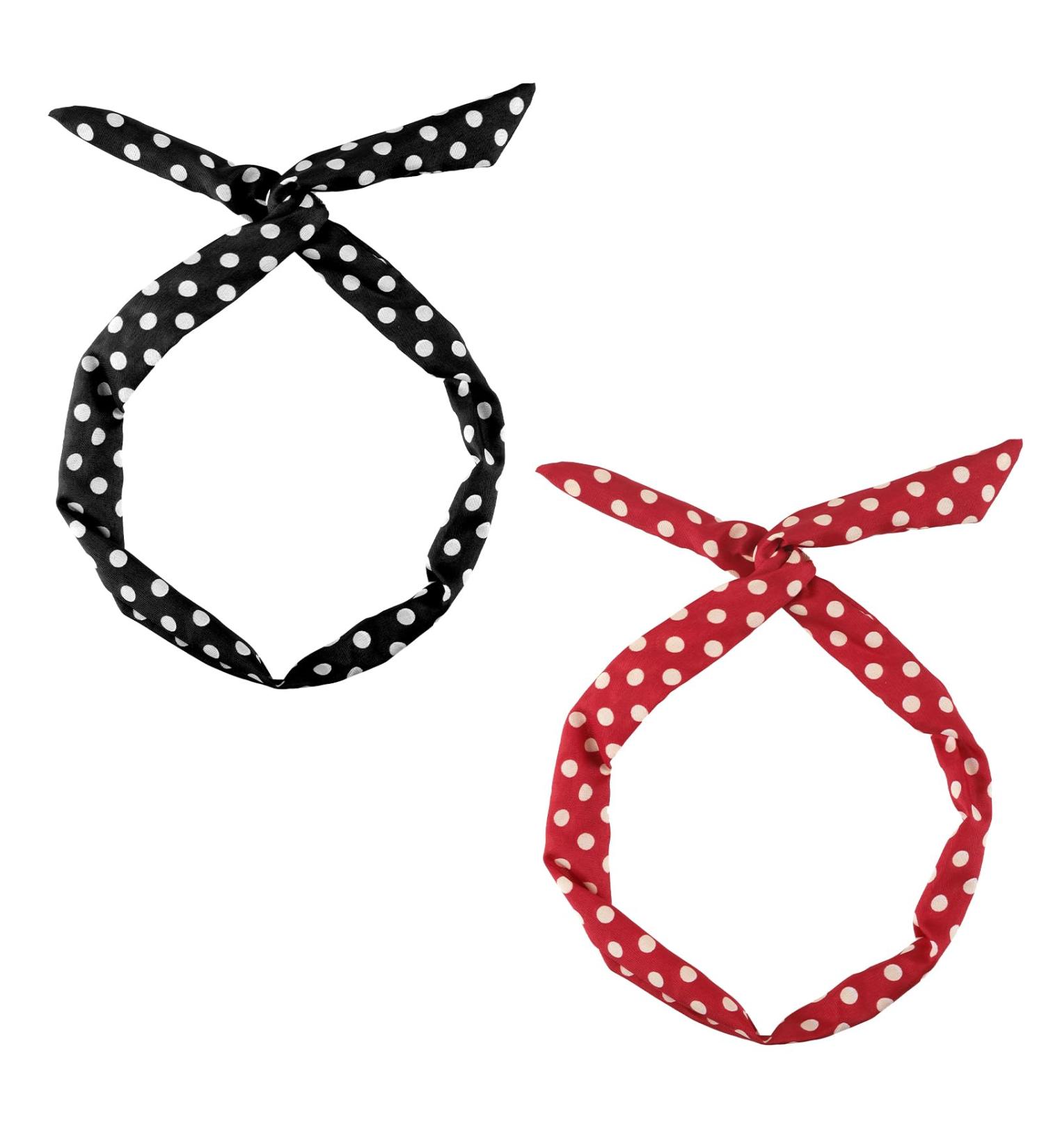 Set of 2 Polka Dot Hair Bands for Girls and Women - Retro 50s Style Bandana - Vintage Adjustable Christmas Headband in Soft Cotton (Red Black) - Buy Online on GoSupps.com