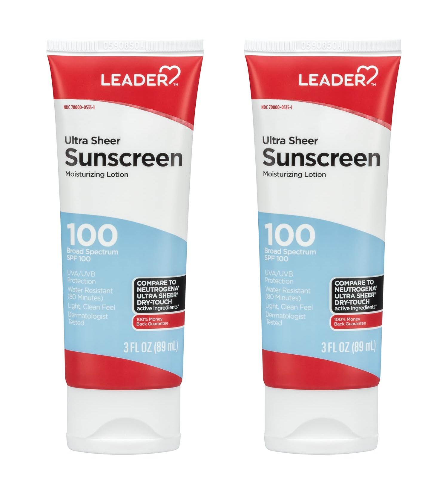 LEADER Travel Sunscreen SPF 100+ Ultra Sheer Dry-Touch Water Resistant and Non-Greasy Lotion with Broad Spectrum SPF 100+ 3 Fl Oz (2 Pack) - Buy Online on GoSupps.com