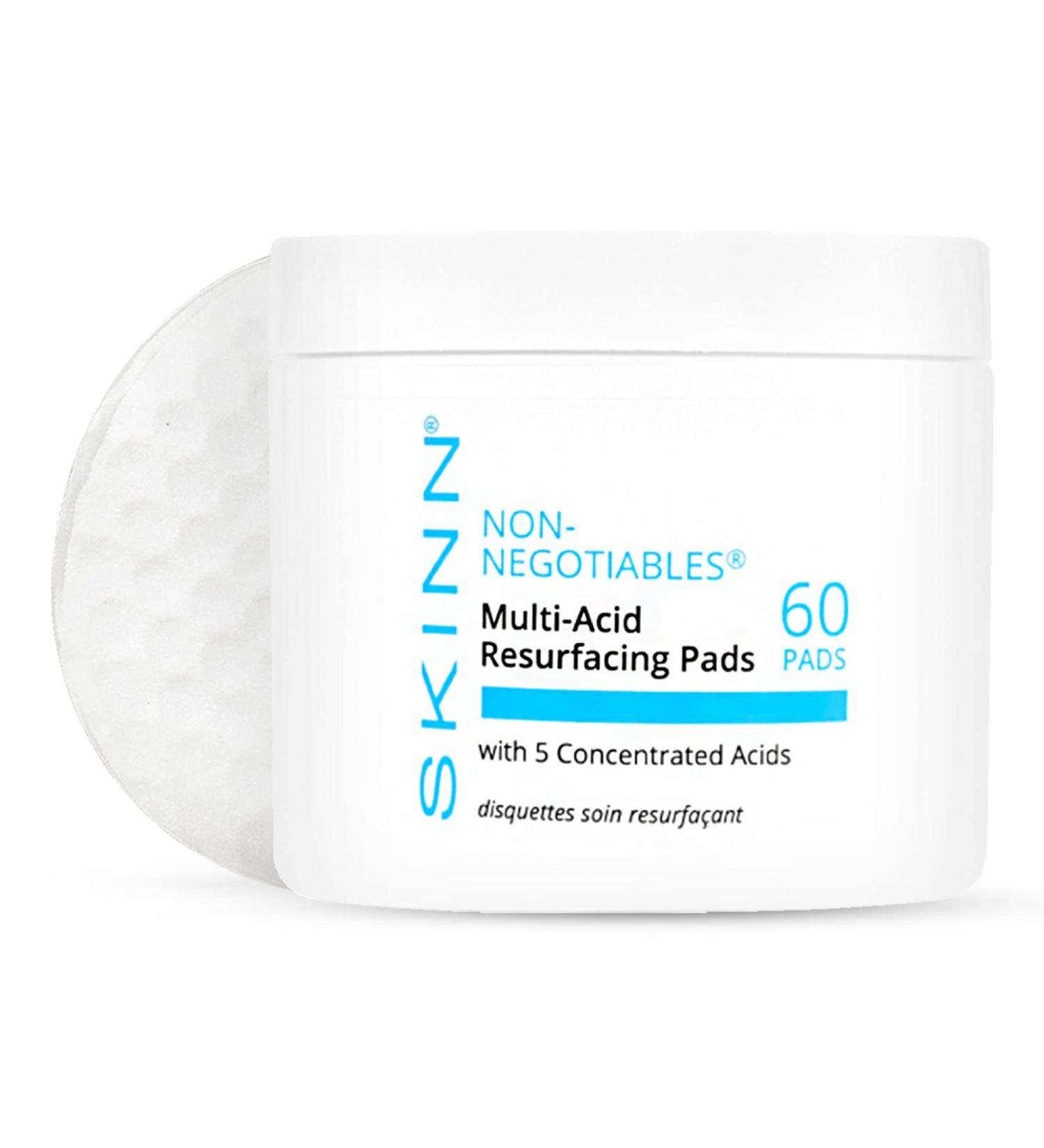 SKINN Multi-Acid Resurfacing Pads - Glycolic Lactic & Salicylic Acid Exfoliating Peel for Face Neck & Decollete | 60 Pads for Brightening & Toning Skin - Buy Online on GoSupps.com