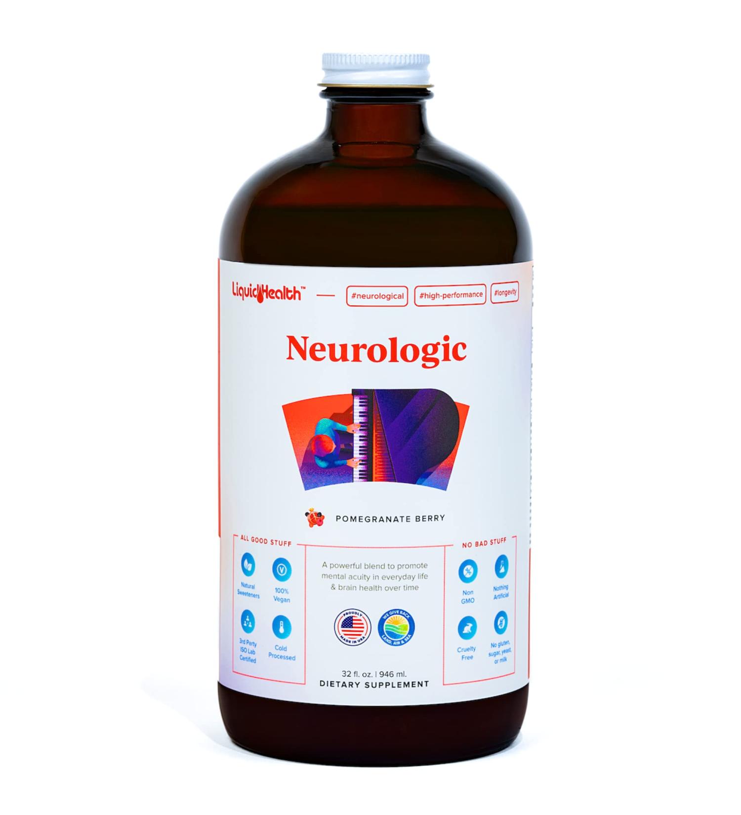 LIQUIDHEALTH Neurologic Focus Supplement - Brain Booster Nootropic Supplement for Cognitive Function Memory & Focus with Ginkgo Biloba Choline L-Theanine & Phosphatidylserine - USA Made (32 oz) Pomegranate Berry - 32 Fl  - Buy Online on GoSupps.com