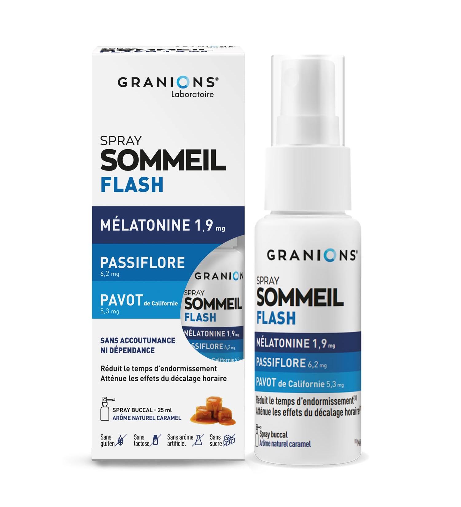 GRANIONS | Spray Sommeil Flash Melatonine 1 9 mg - Melatonine + Passiflore + Pavot de Californie - Dormir Rapidement - Complement Alimentaire Sommeil Adulte - Spray M latonine - Ar me Caramel Spray melatonine - Buy Online on GoSupps.com