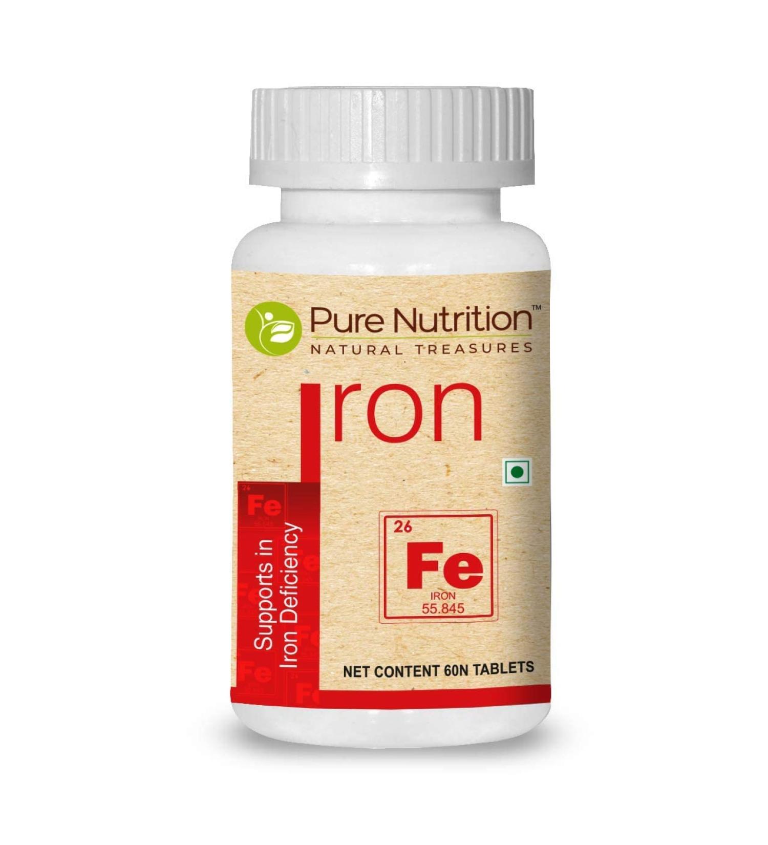 Pure Nutrition Iron Supplement 450mg - 60 Veg Tabs with Vitamin C, B12, Folic Acid, and Zinc Sulphate - Non GMO & Gluten Free - Buy Online on GoSupps.com