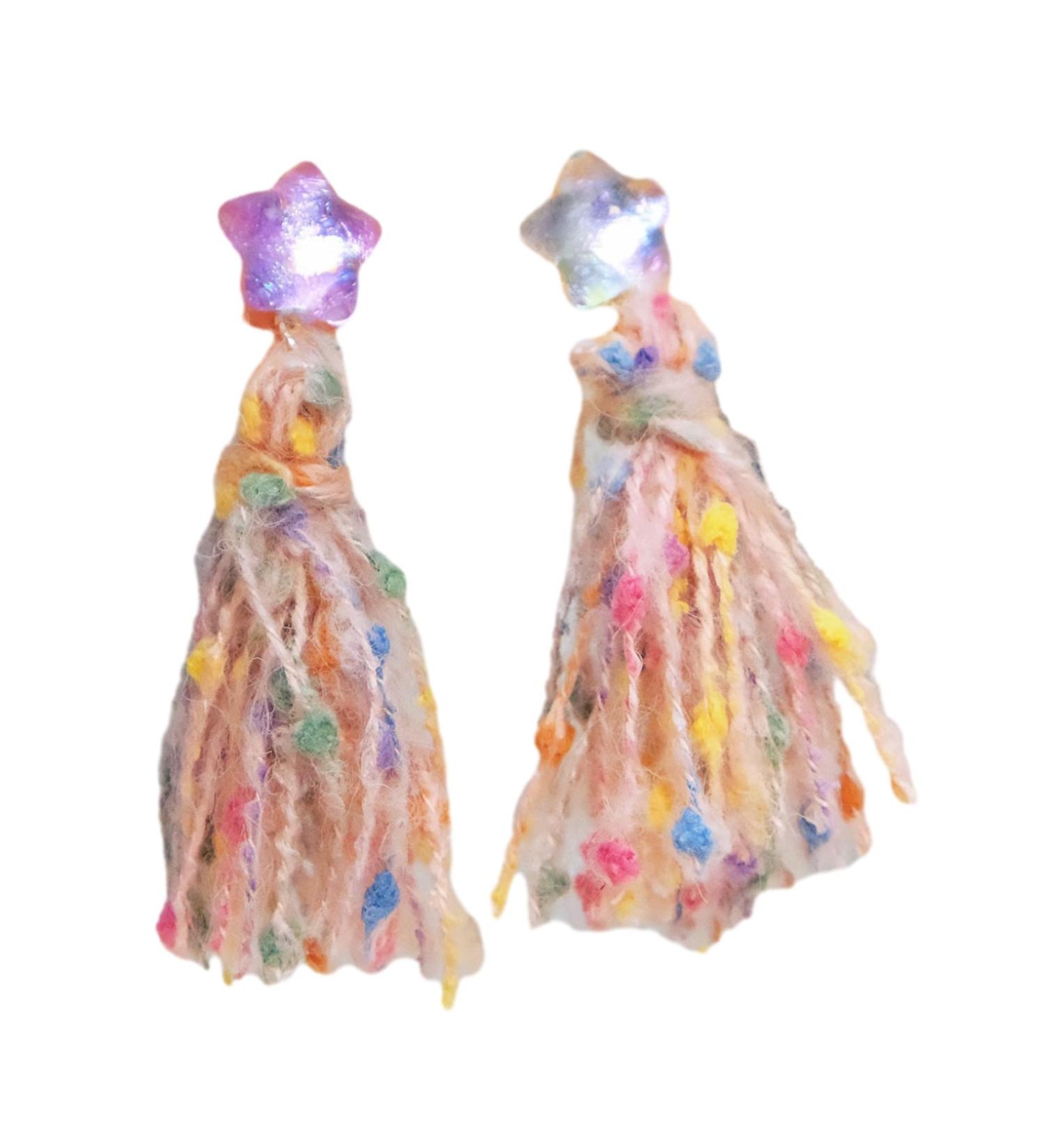 Feyley Star Shape Earrings | Pink Green Wool Thread Quasten Ohrrings | Colorful Ear Drops for Women - Buy Online on GoSupps.com
