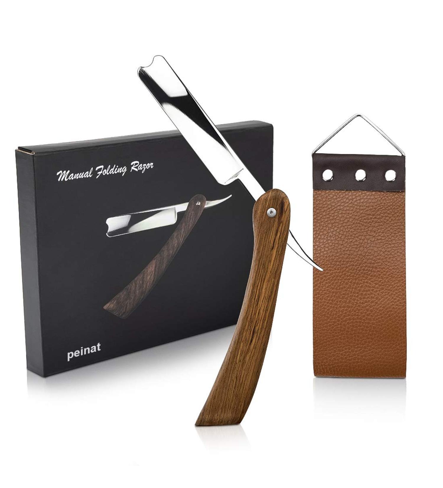 Peinat Straight Razor Kit - Wooden Cutthroat Razor for Men, Stainless Steel with Leather Canvas Strap - Vintage 3 Piece Set - Buy Online on GoSupps.com