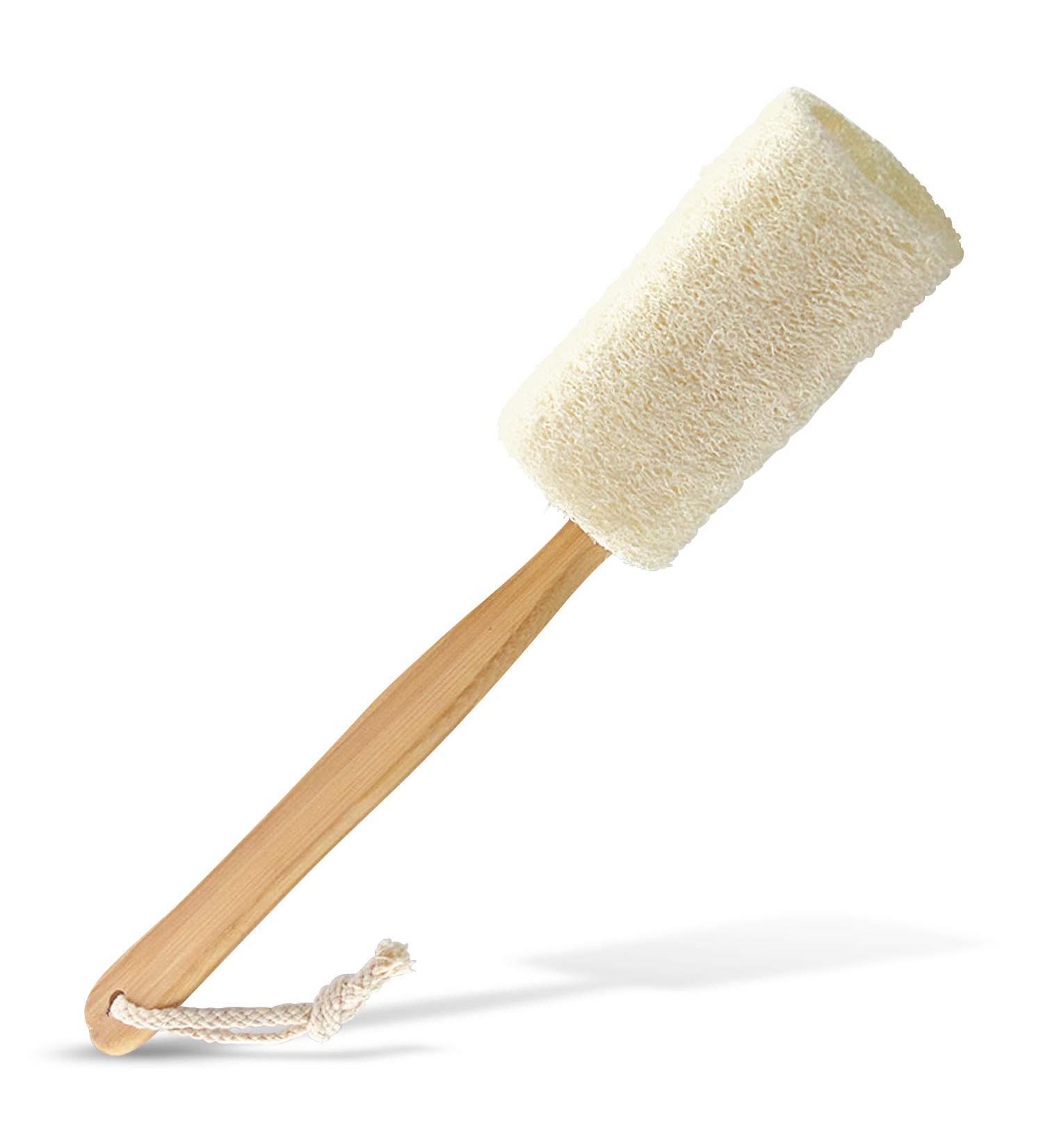 Natural Exfoliating Loofah Bath Brush on Stick - 9.4 Wooden Handle Tubular Sponge Back Scrubber for Men & Women - Buy Online on GoSupps.com