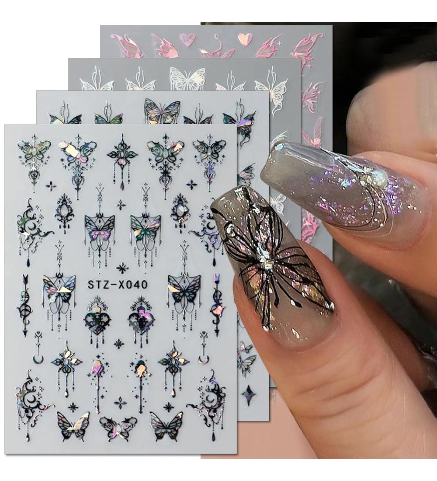 3D Metallic Black Butterfly Nail Stickers | Laser Pink Aurora Nail Design & Punk Accessories - Buy Online on GoSupps.com