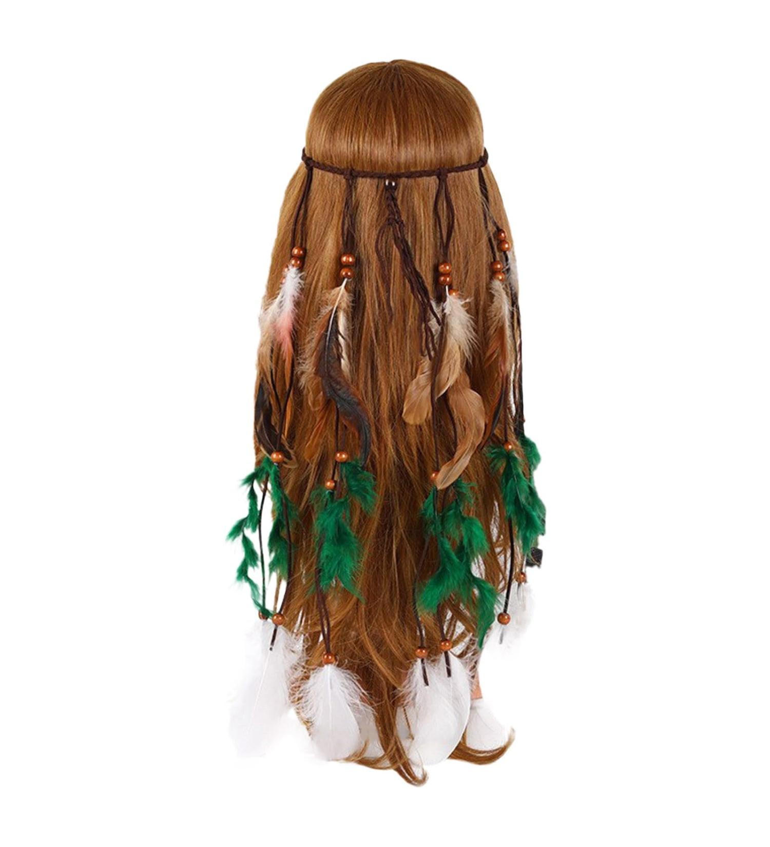 Boho Layered Feather Headband | Tribal Hair Accessories for Women & Girls | Green Halloween Decoration - Buy Online on GoSupps.com