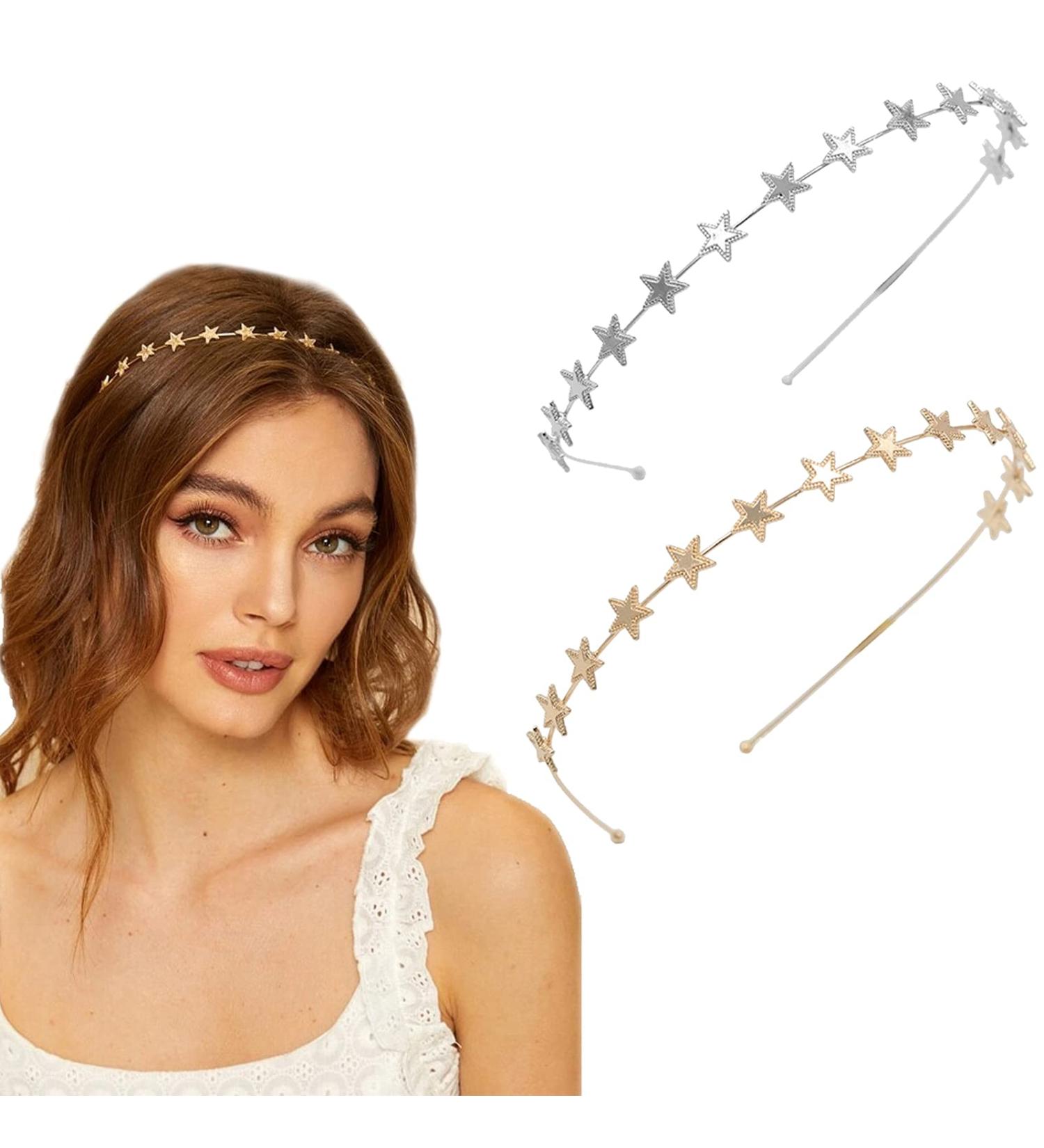 Elegant Bride Hair Accessories - 2pc 15-Star Head Straps | Gold & Silver Alloy Hairbands for Women & Girls - Perfect for Weddings Birthdays & Valentine's Day - Buy Online on GoSupps.com