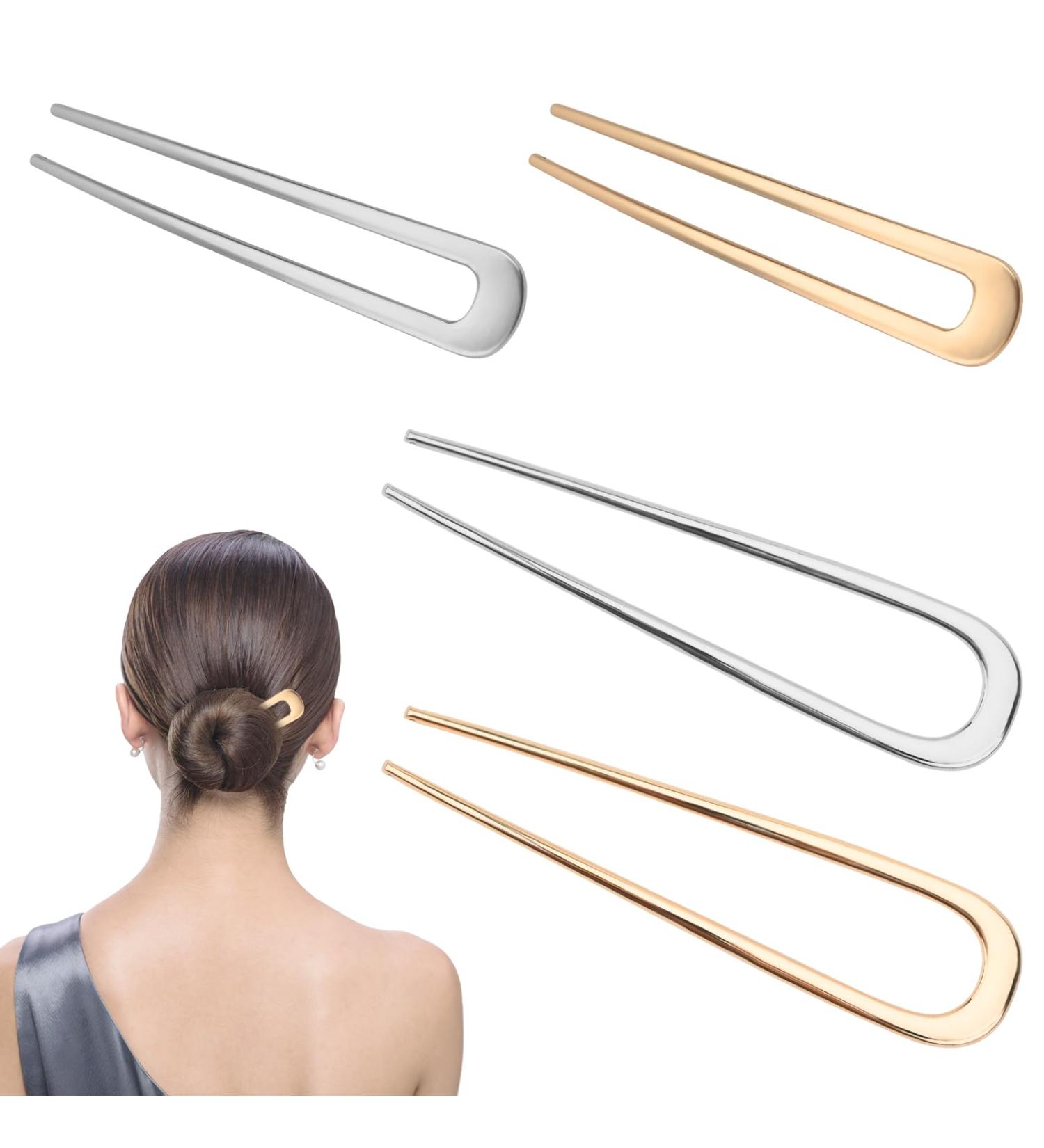Bekecidi 4 Pieces Classic French Hair Pins Metal U Shaped Hair Pin Hair Fork Elegant Hair Clips Sticks Prong Chignon Pins for Buns Women Girls DIY Hairstyle Accessories (Gold Silver) - Buy Online on GoSupps.com
