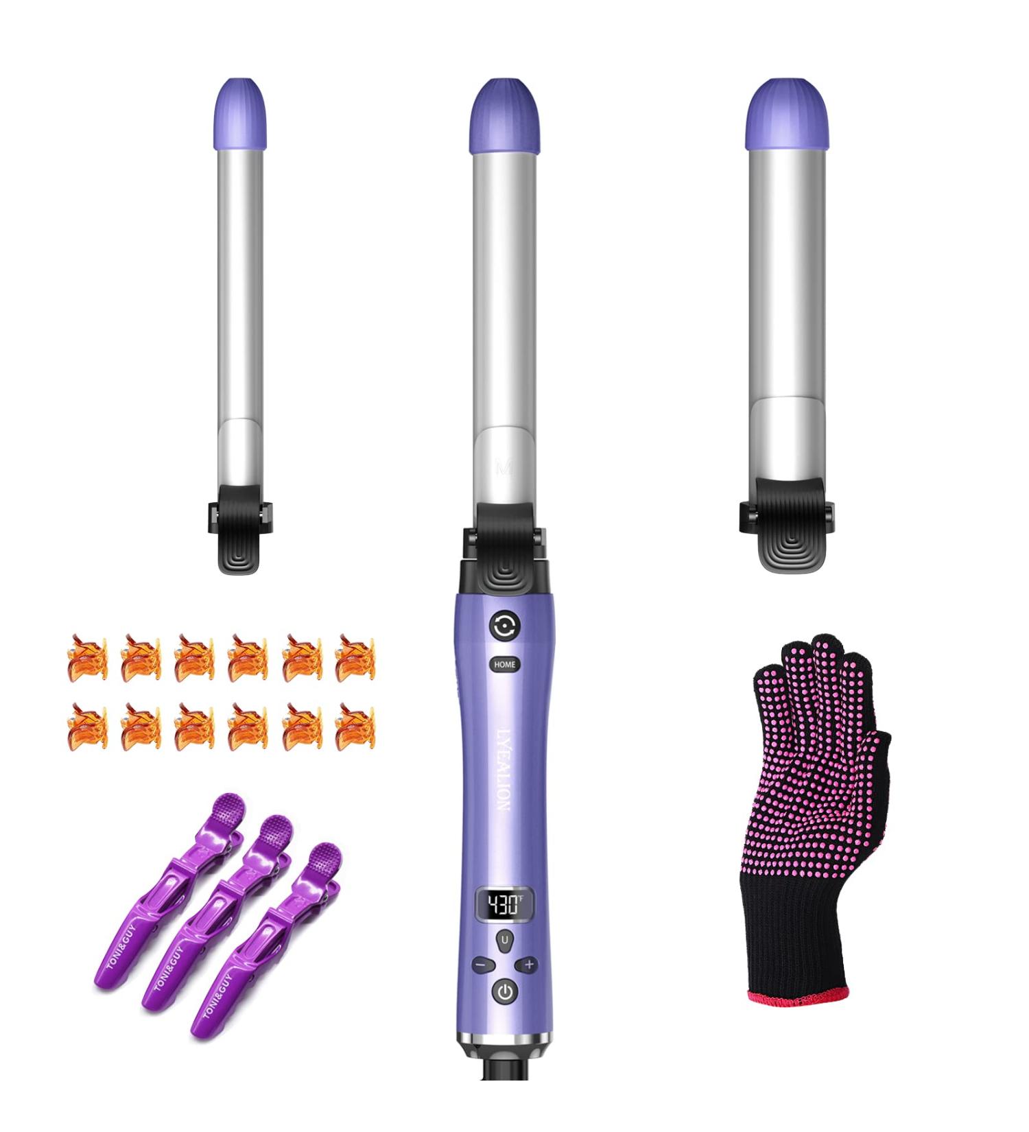 Beach Wave Rotating Hair Curling Iron with 3 Interchangeable Barrels - LCD Display, Fast Heat-up, Ceramic Coating - Purple - Buy Online on GoSupps.com