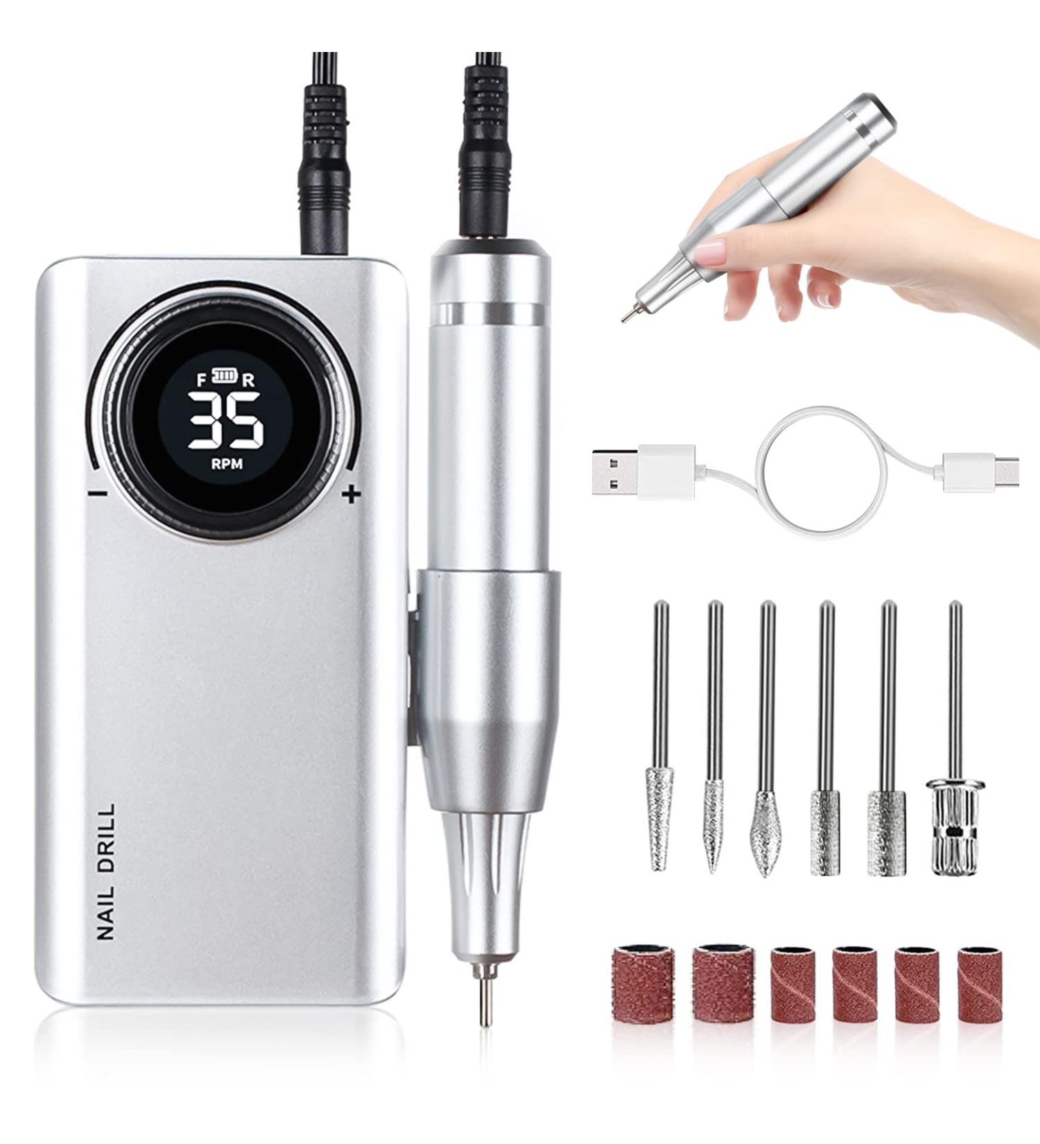 Portable Rechargeable 35000RPM Electric Nail Drill for Acrylic Gel Nails - Professional Manicure Pedicure Tool for Home and Salon Use (Silver) - Buy Online on GoSupps.com