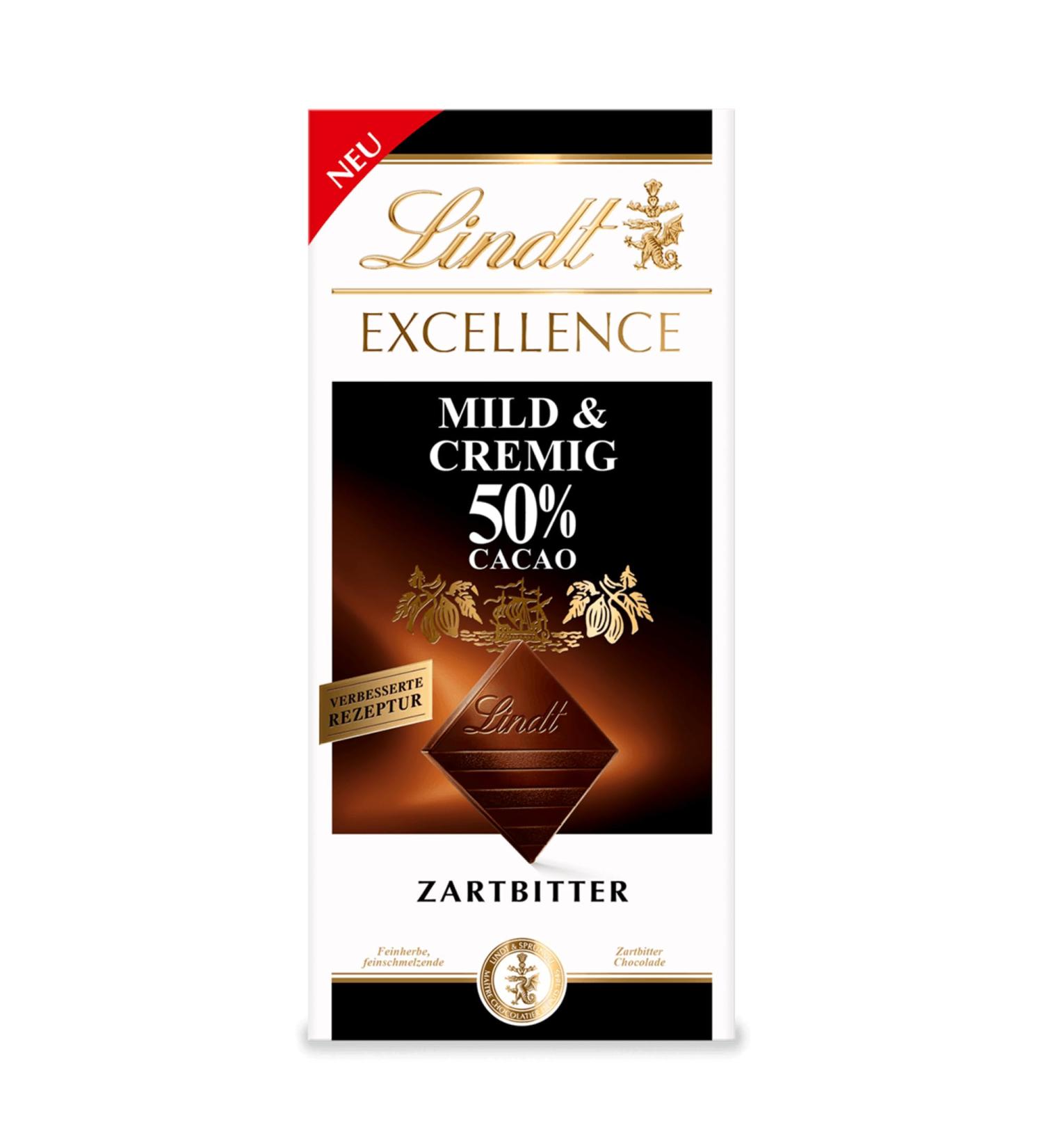 Shop Lindt Excellence Mild & Creamy 50% Cocoa Dark Chocolate 100g - Extra Mild & Fine-Torn Bitter Taste | International Shipping Available - Buy Online on GoSupps.com