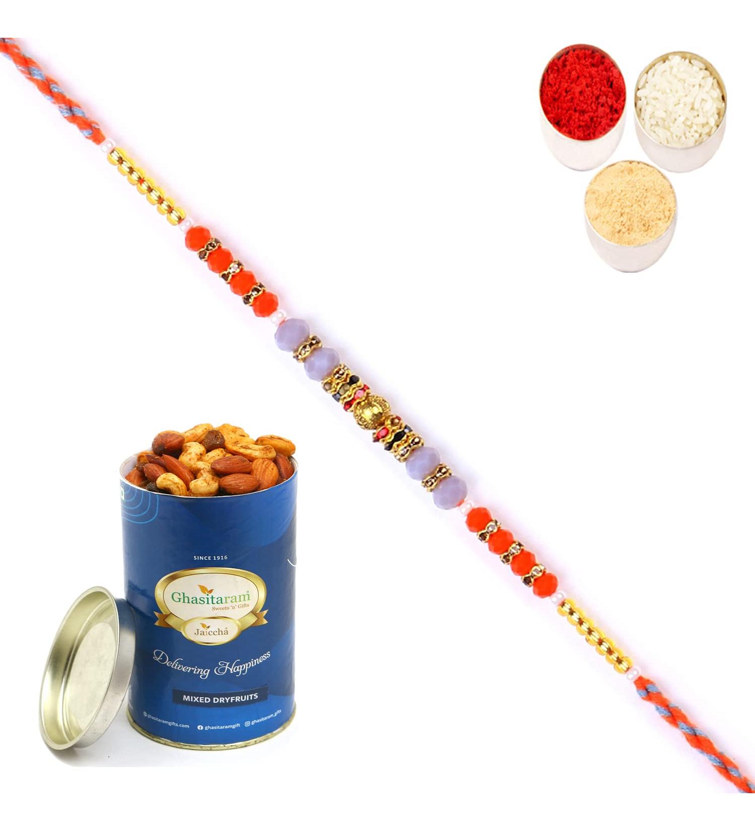 Ghasitaram Gifts Rakhi for Brother Rakhis Online - 6497 Fancy Thread Rakhi with 100 GMS of Dryfruits Mix Can - Buy Online on GoSupps.com