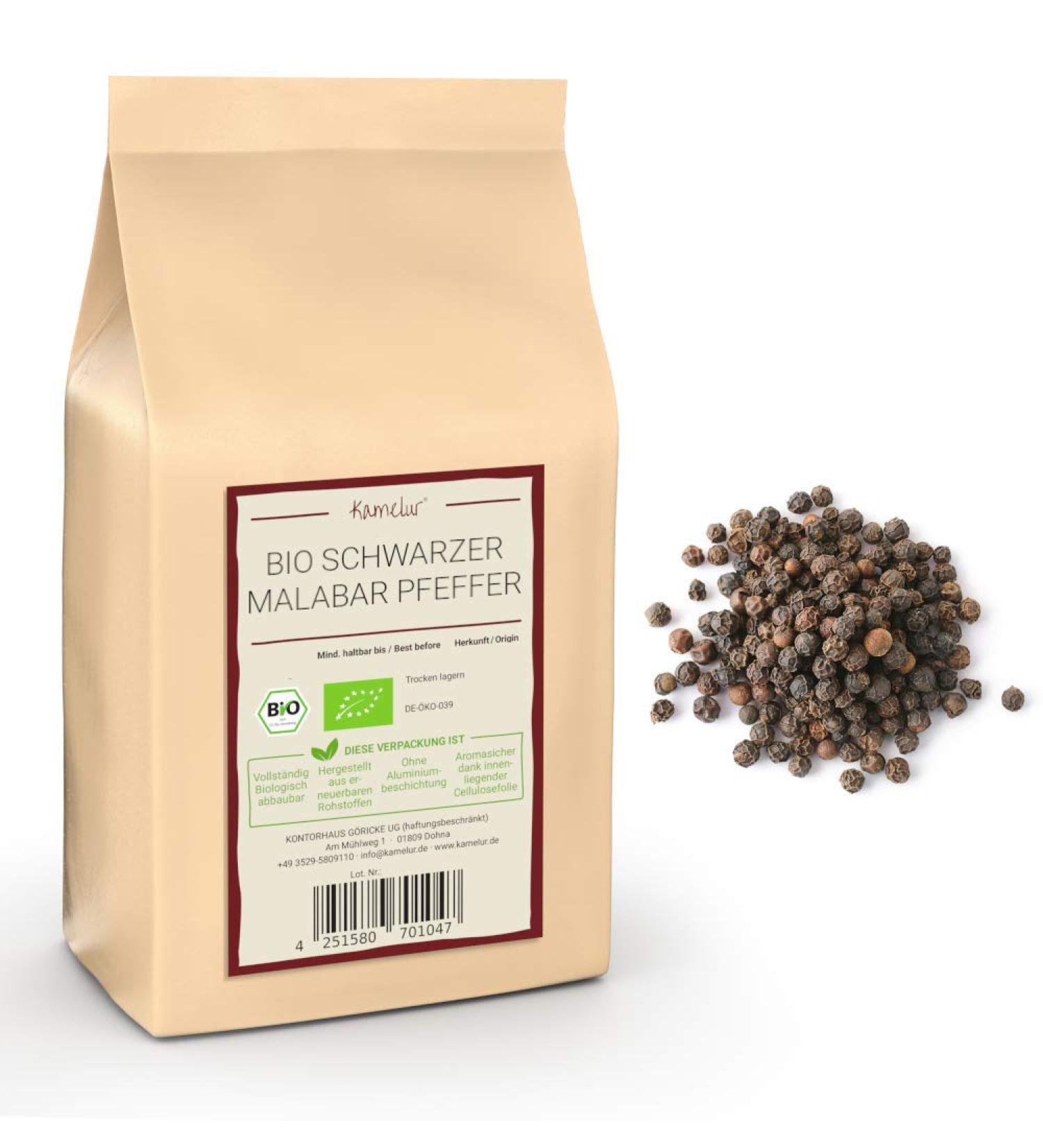 Kamelur 200 g organic malabar black pepper - tiger pepper from India whole black peppercorns for mortar or pepper mill
