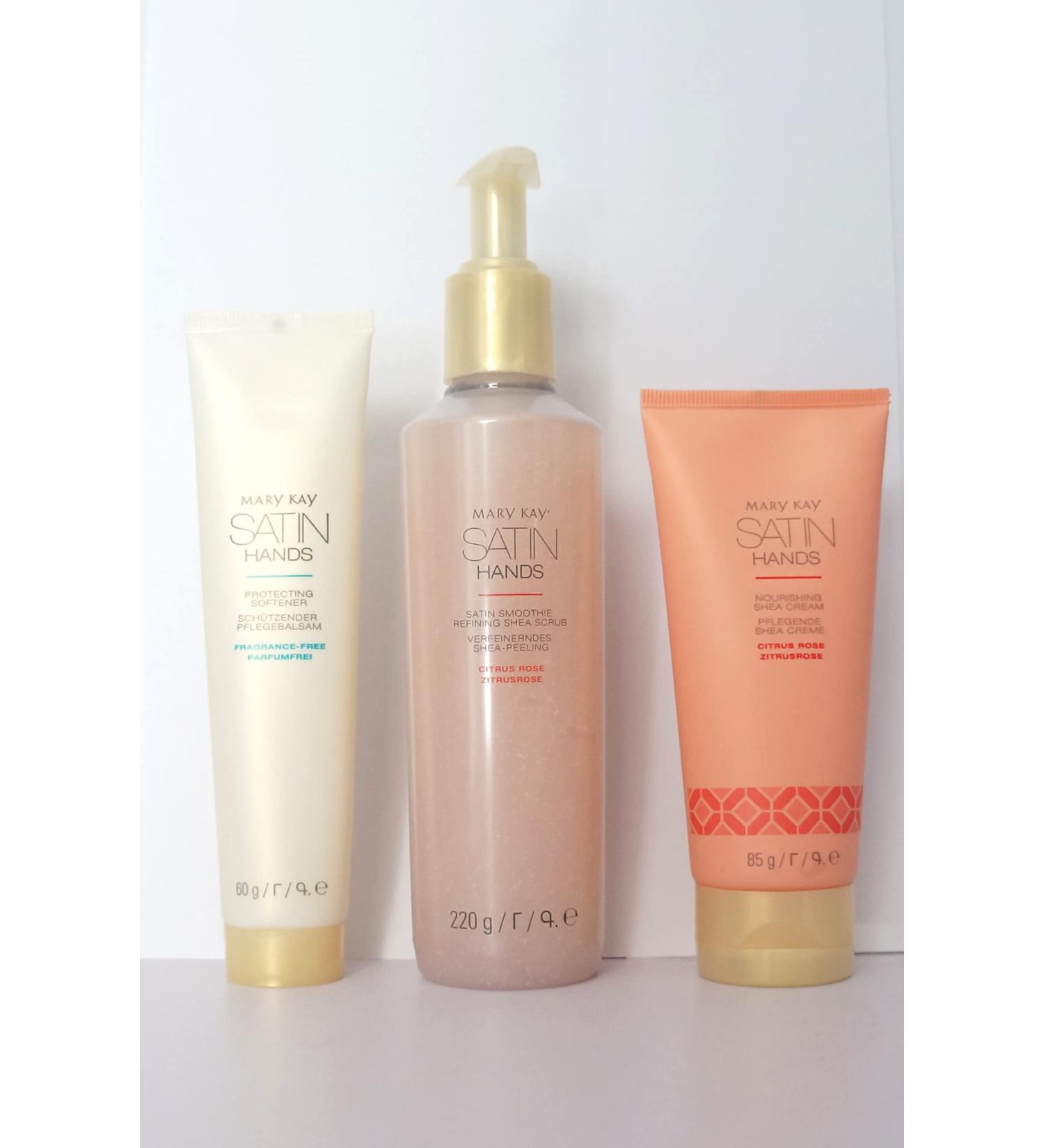 Mary Kay Satin Hands Set Citrus Rose contains a hand softener a hand scrub a citrus rose a hand cream and a citrus rose. 365g MHD 2023 - 2024