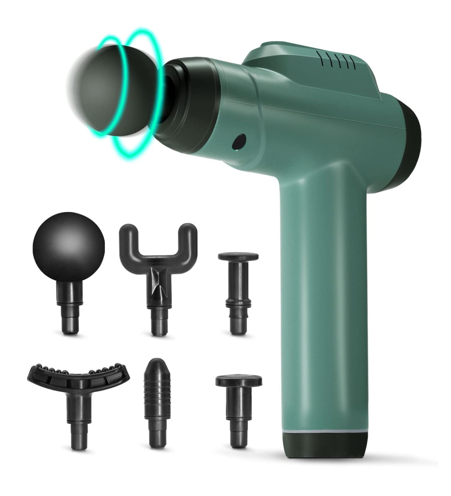 Percussion Massage Gun - Wireless Handheld Deep Tissue Muscle Massager with 6 Speeds & 6 Massage Heads - Quiet Brushless Motor - Light Green - Buy Online on GoSupps.com