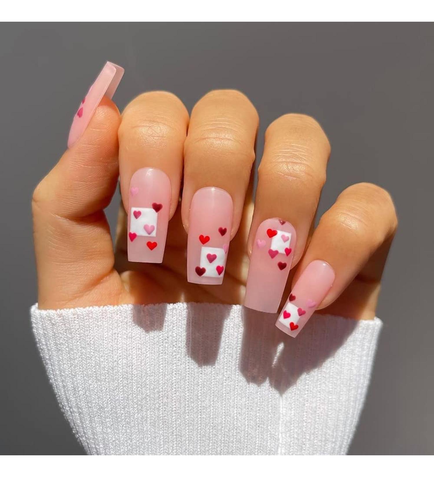 Valentine's Day French White Square Red Heart Press on Nails - 24 pcs Medium Length Acrylic Fake Nails for Women and Girls - Buy Online on GoSupps.com