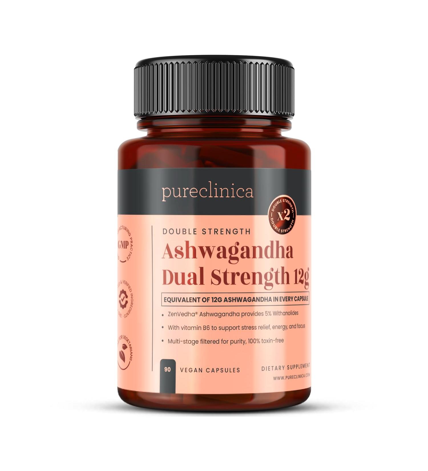 pureclinica Double Strength ZenVedha Ashwagandha 12 000mg x 90 Vegan Capsules 5% Withanolides with Vitamin B6 for Stress Relief Energy & Focus- 3 Month Supply - Buy Online on GoSupps.com