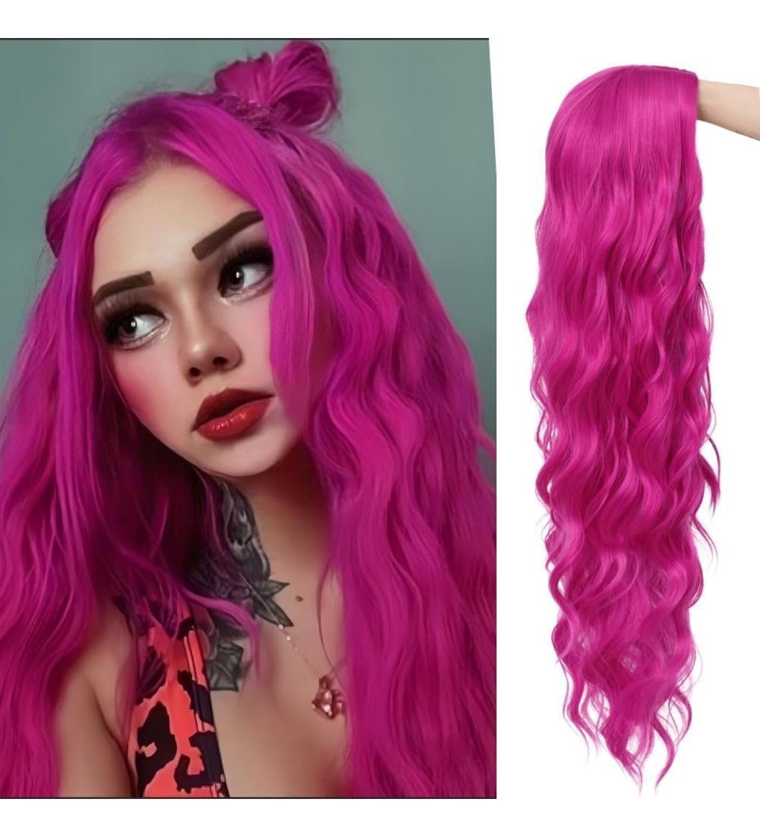 Long Hot Pink Wigs for Women | Curly Wavy Synthetic Costumes | Perfect for Halloween & Parties - Buy Online on GoSupps.com