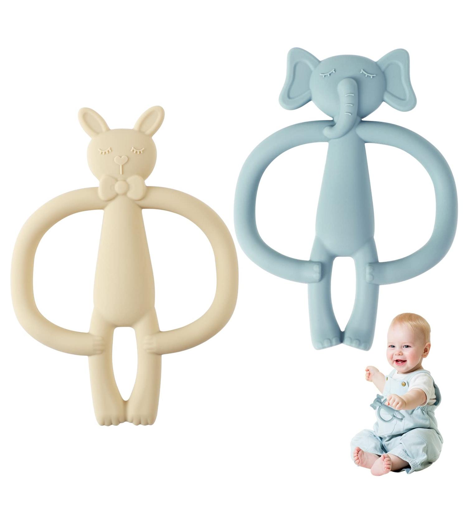 Clundoo Baby Biting Toys - Silicone Elephant & Rabbit Dental Aids for 3-24 Months - Soothe Sore Gums with Comfortable Bite Rings - Buy Online on GoSupps.com