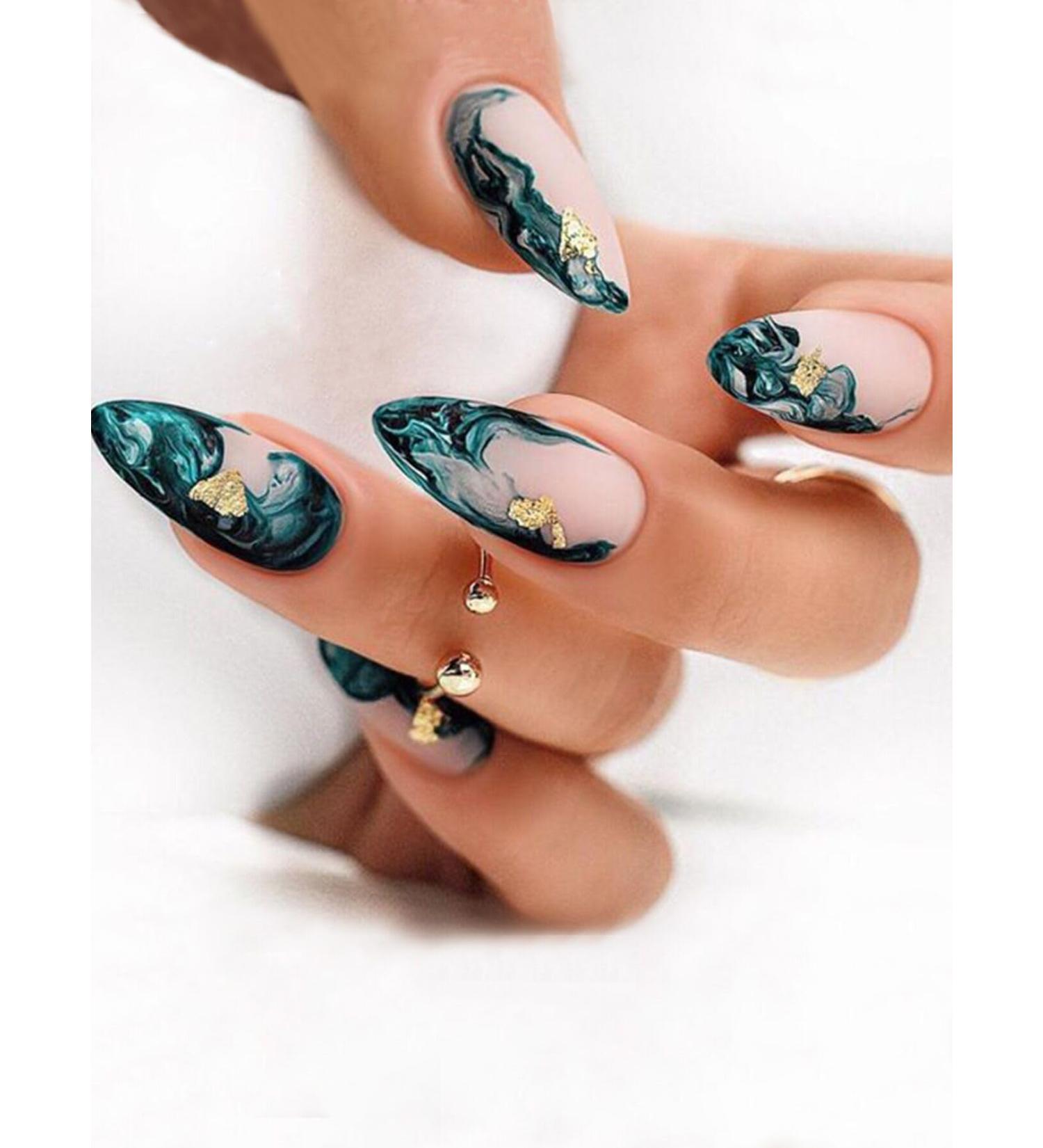 24pcs Blue Gold Foil Press on Nails Botanical Plant Fake Nail Green Medium Square Coffin Nails Press on Nails Coffin Shape Nails - Buy Online on GoSupps.com