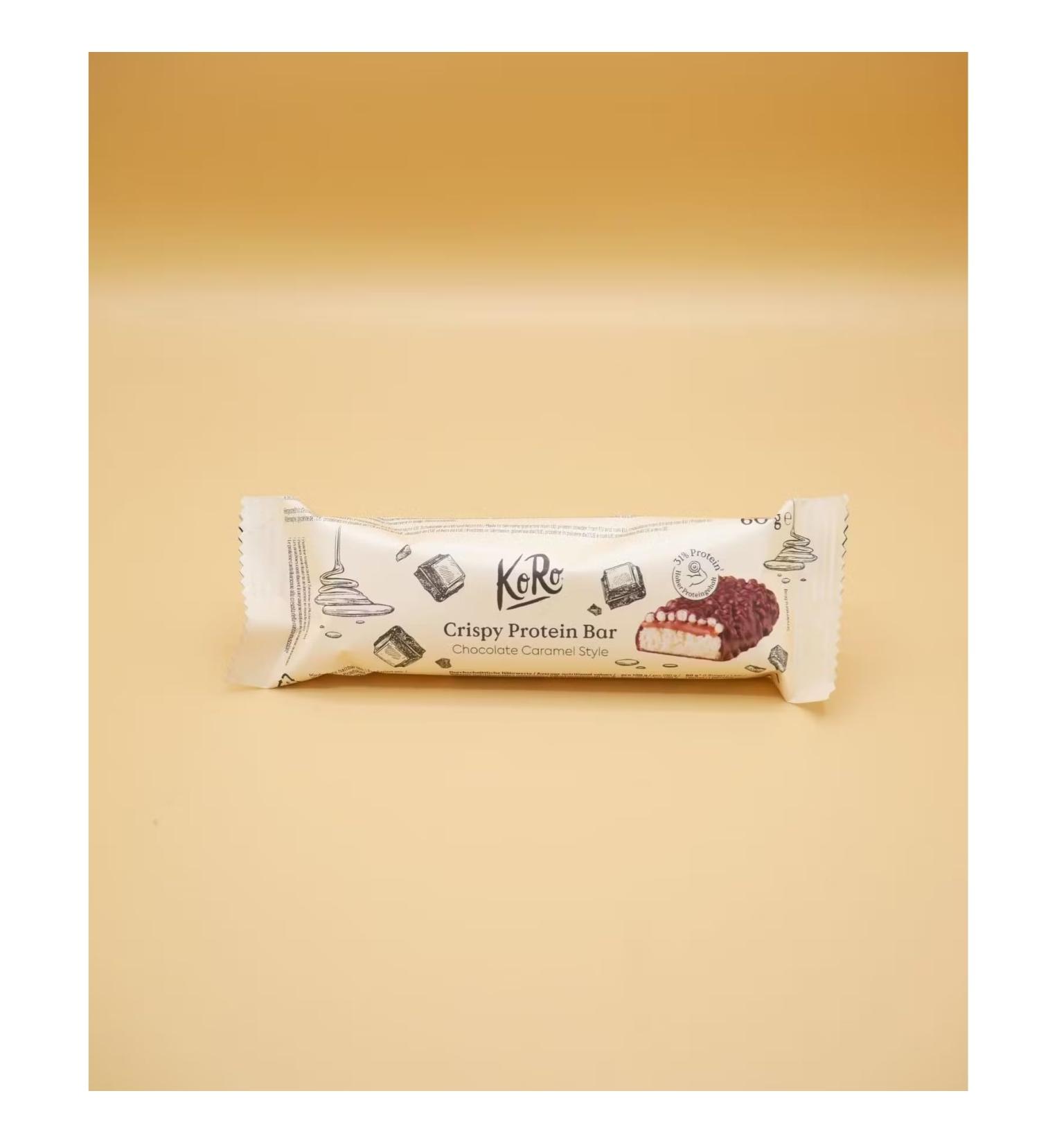 Sugar-free chocolate and caramel crunchy protein bar 60 g format.