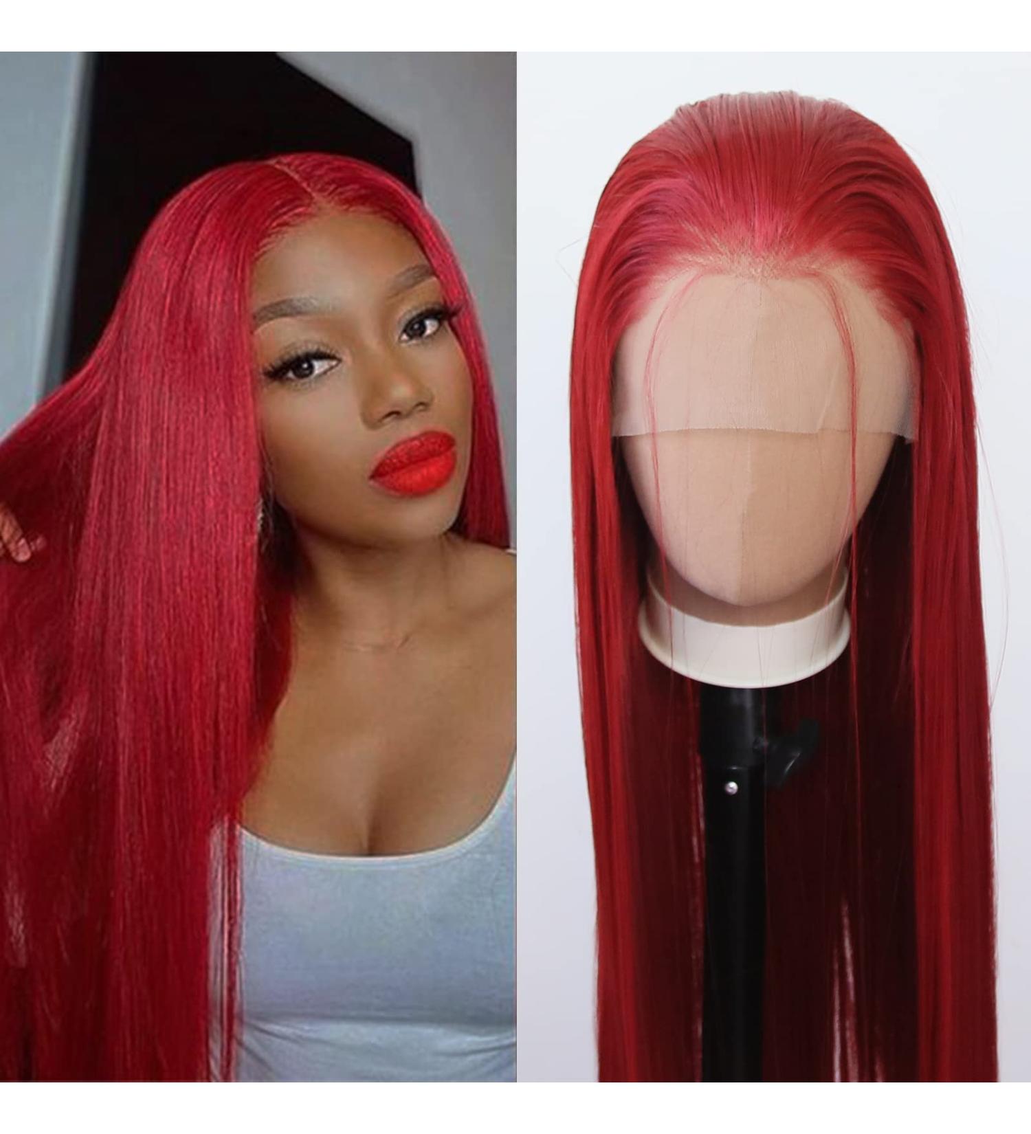 Towarm Dark Red Synthetic Lace Front Wig - Long Straight Heat Resistant Fiber Hair for Black Women - Cosplay/Daily Wear - Red - Buy Online on GoSupps.com