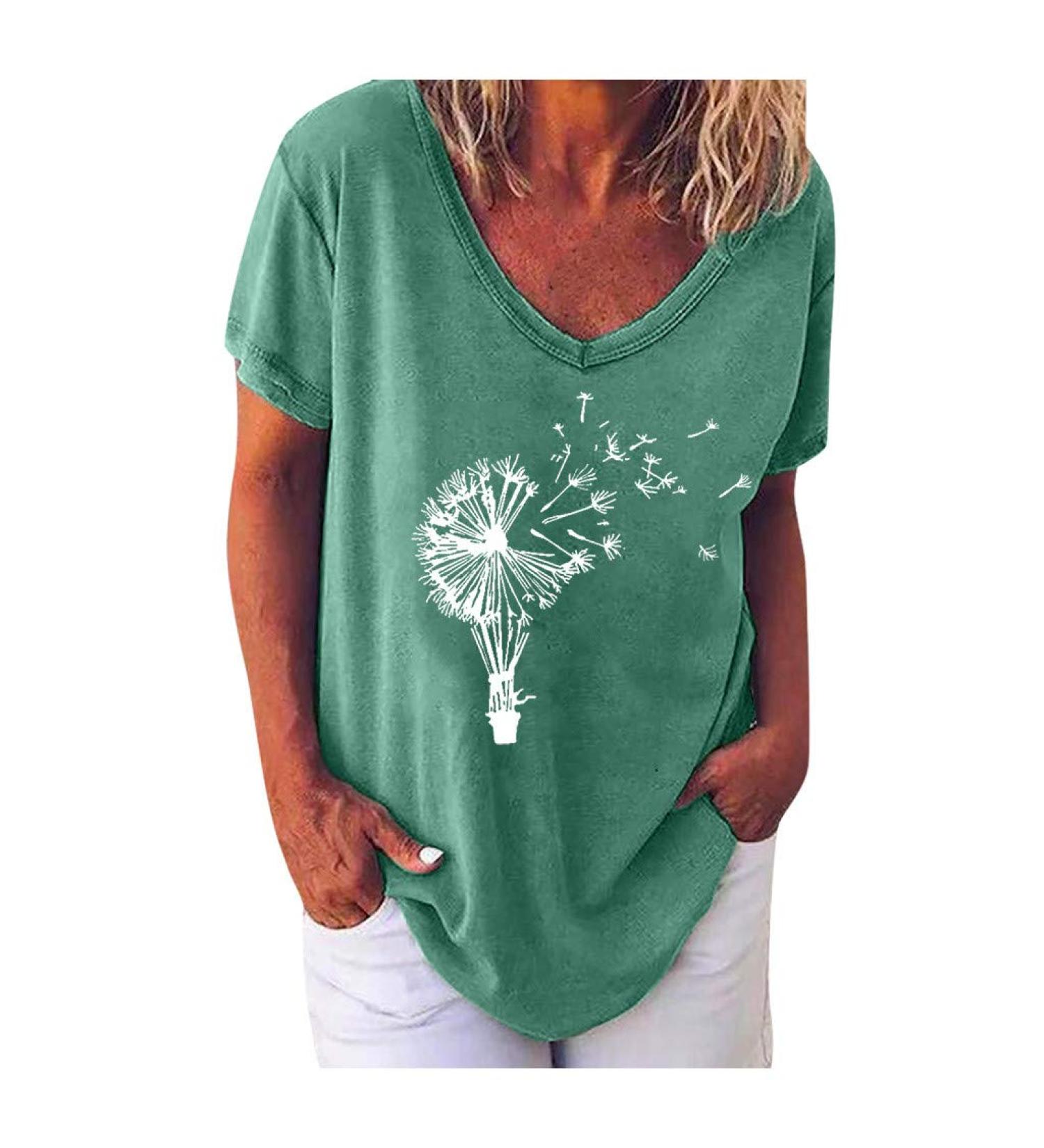 Shop Ppanguding Women's Summer Fashionable Casual Round Neck T-Shirt - Loose Pustblume Printed Green Top for Ultimate Style and Comfort - Buy Online on GoSupps.com