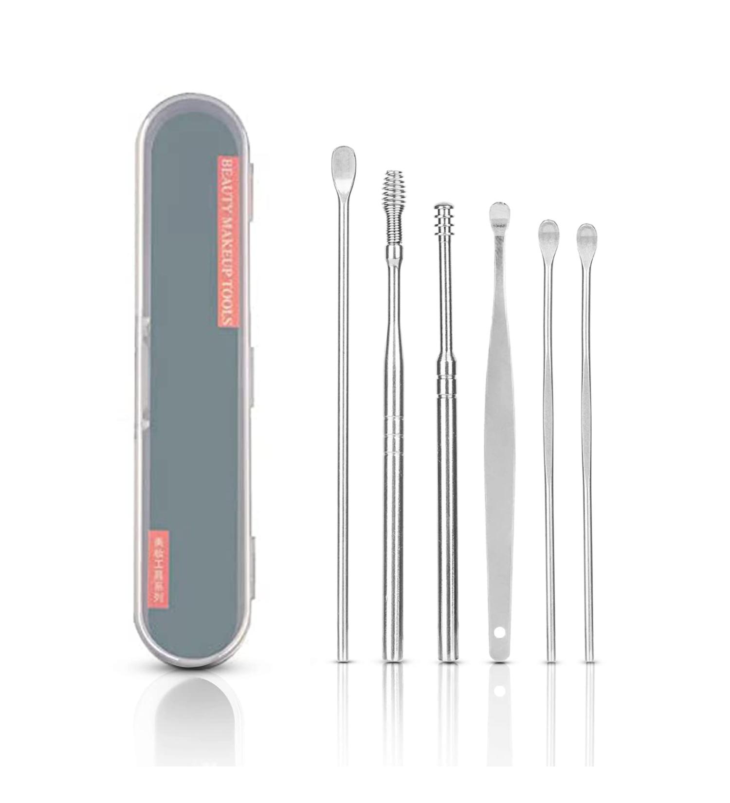 Ear Wax Removal Tool Kit | 6 in 1 Stainless Steel Ear Cleaner Set with Storage Box | Safe Ear Cleaning for Adults and Kids - Silver - Buy Online on GoSupps.com