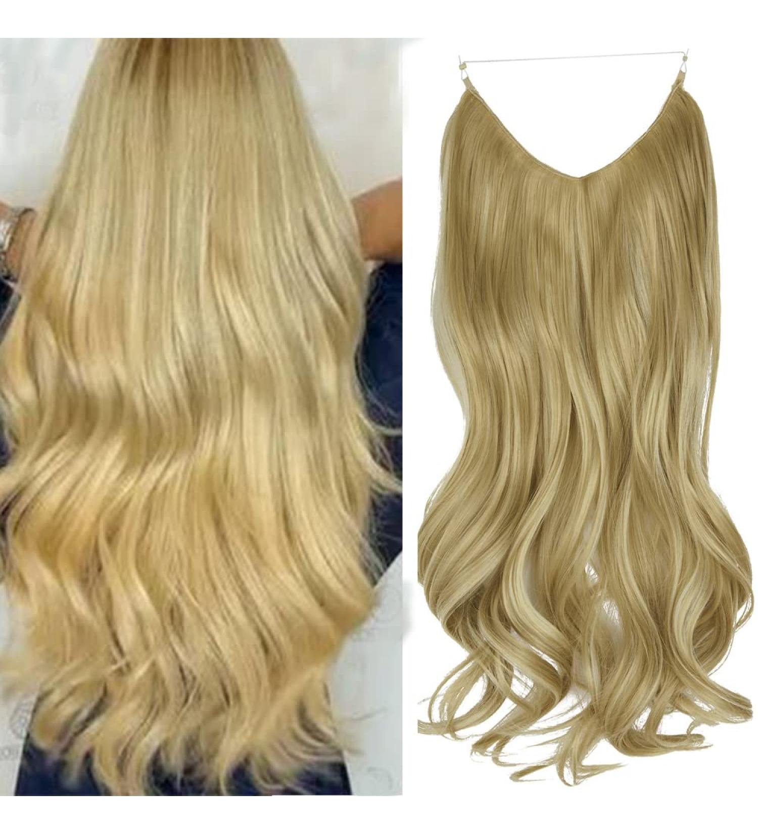 OMGREAT 18 Inch Curly Wavy Halo Hair Extensions - Invisible Wire Ash Blonde Mix Bleach Blonde - Buy Online on GoSupps.com