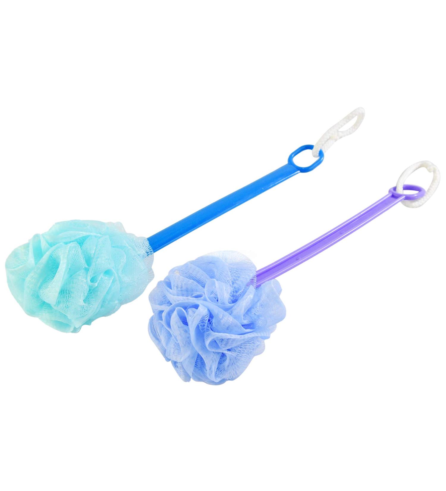 HOME-X Pouf Back Scrubber Shower Loofah Set of 2 - Long Handle, Purple and Blue - 14 L x 4 W - Buy Online on GoSupps.com
