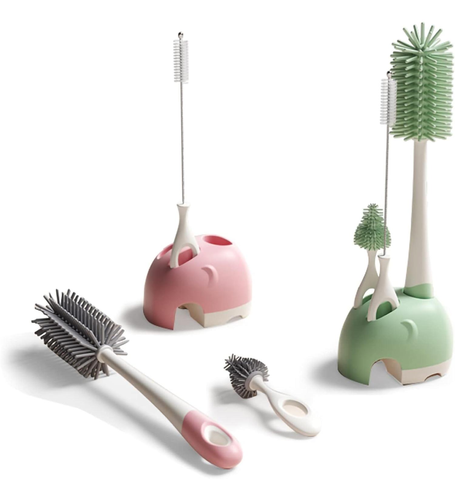Bebamour 3-in-1 Stand Baby Bottle Brushes Set - Soft Teat Brush & Straw Cleaner - Pink - Buy Online on GoSupps.com