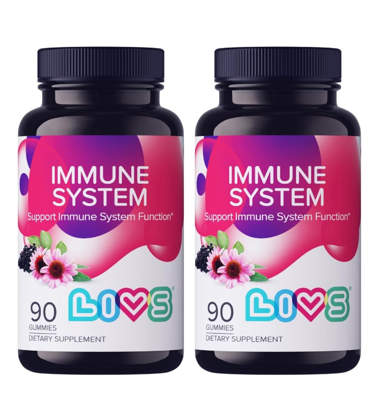 LIVS Immune System Elderberry Gummies for Adults & Kids | Advanced Immune Support Supplement with Vitamin C Echinacea & Propolis | Vegan & Gluten Free Gummy Vitamins | 200mg Elderberry/Dose -180 Ct Immune System 90 Count  - Buy Online on GoSupps.com