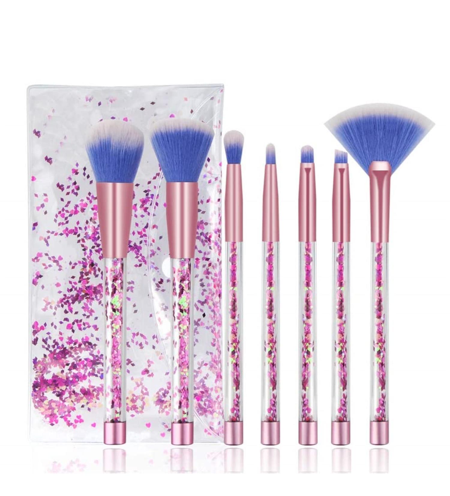 7PCS Glitter Quicksand Makeup Brush Set - Pink Cosmetic Brushes for Foundation Powder Blush & Eyeshadow with Case | International Shipping Available - Buy Online on GoSupps.com