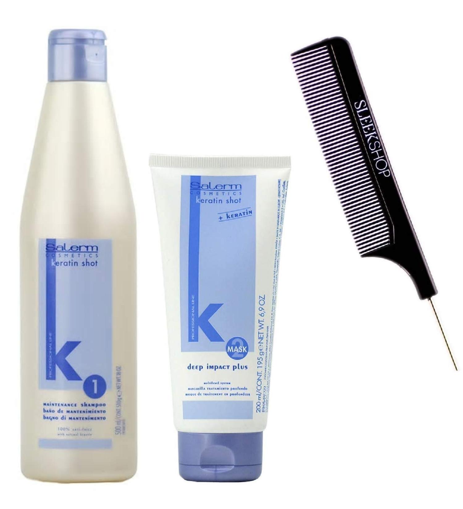 Salerm KERATIN SHOT Maintenance SHAMPOO & Deep Impact Plus Conditioner Mask DUO SET Anti Frizz Smoothing & Natural Keratin (W/Sleek Comb) (500 ml (18 oz) + 200 ml (6.9 oz) DUO KIT) 2 Piece Set