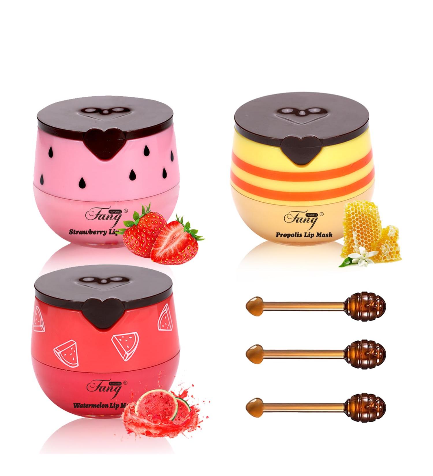 Honey Lip Balm Bee Lip Balm Honey Pot Moisturizing Lip Mask Overnight Hydrate Repair Prevent Dry Cracked Lip Care (Honey+Strawberry+Watermelon) - Buy Online on GoSupps.com