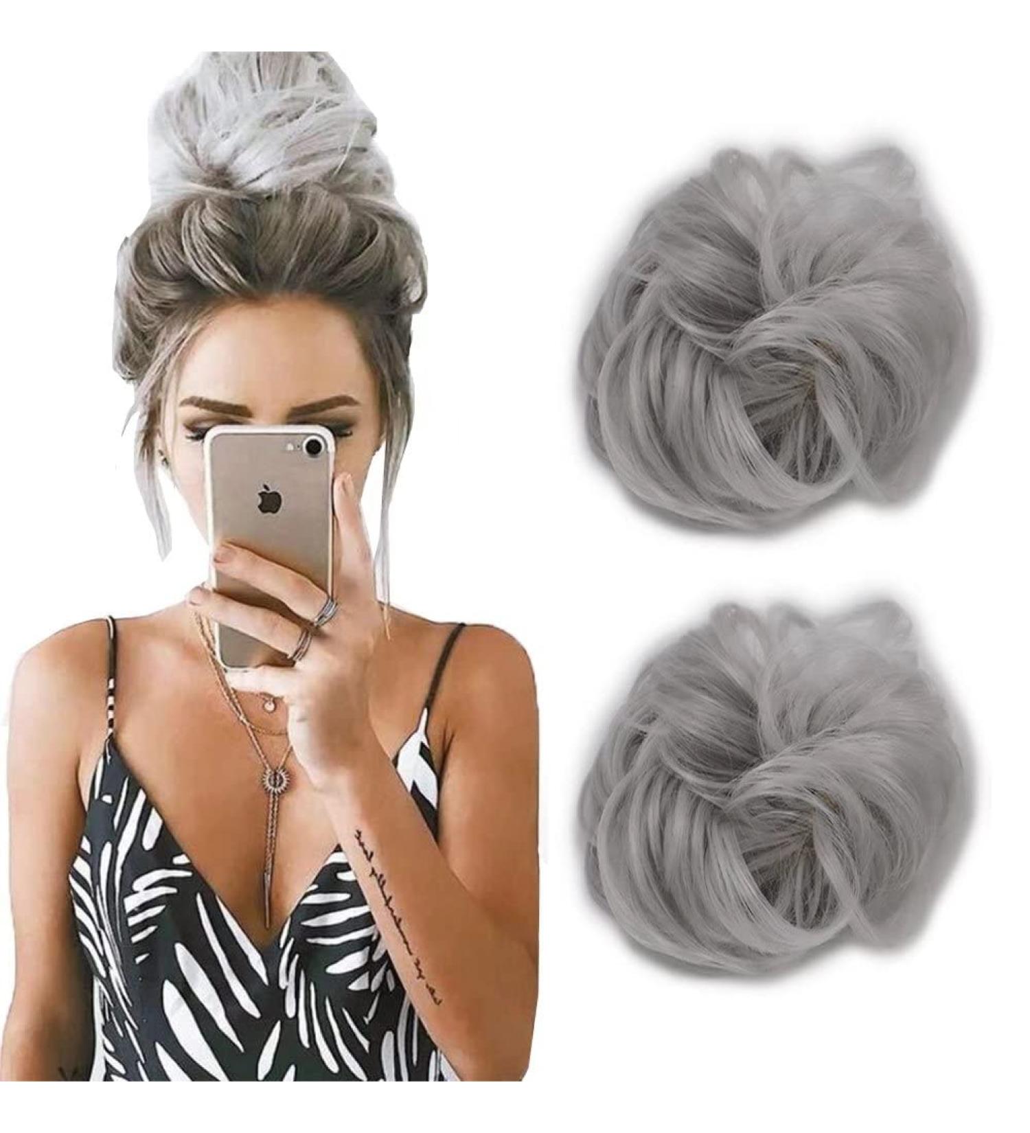 Observe your hair color outdoors! iLUU Women's Curly Messy Bun Hair 2 Piecess Scrunchie Wigs Extensions Silver Color Wavy Synthetic Updo Curly Hair Bun Extension Haipieces - Buy Online on GoSupps.com