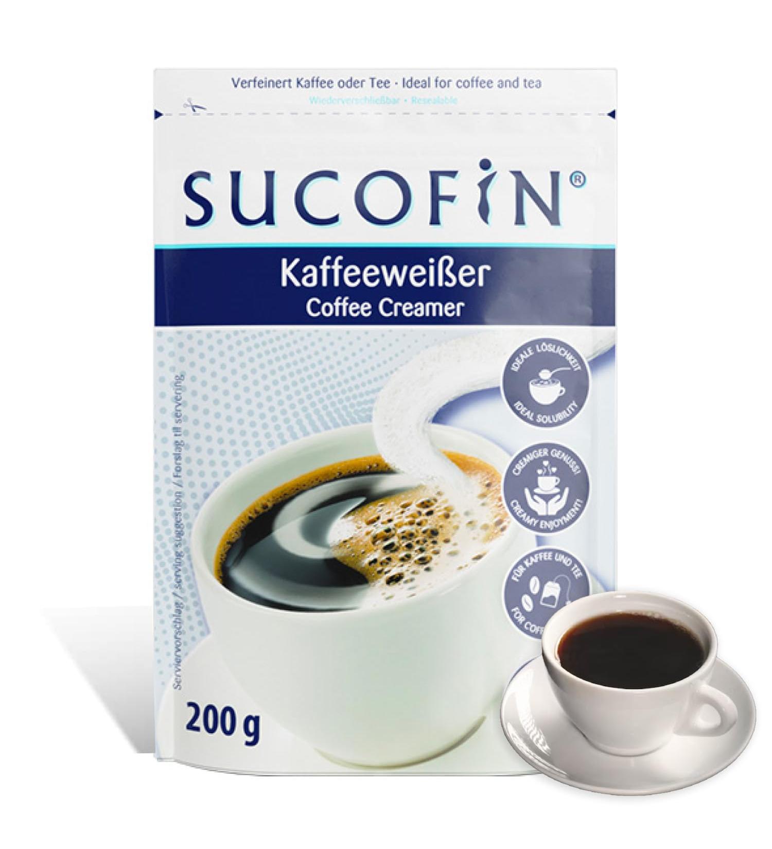 Sucrofin Coffee White Powder 200g - Easily Soluble Milk Powder Replacement for 80 Cups of Coffee/Tea - Long Lasting & Ideal for International Shipping - Buy Online on GoSupps.com