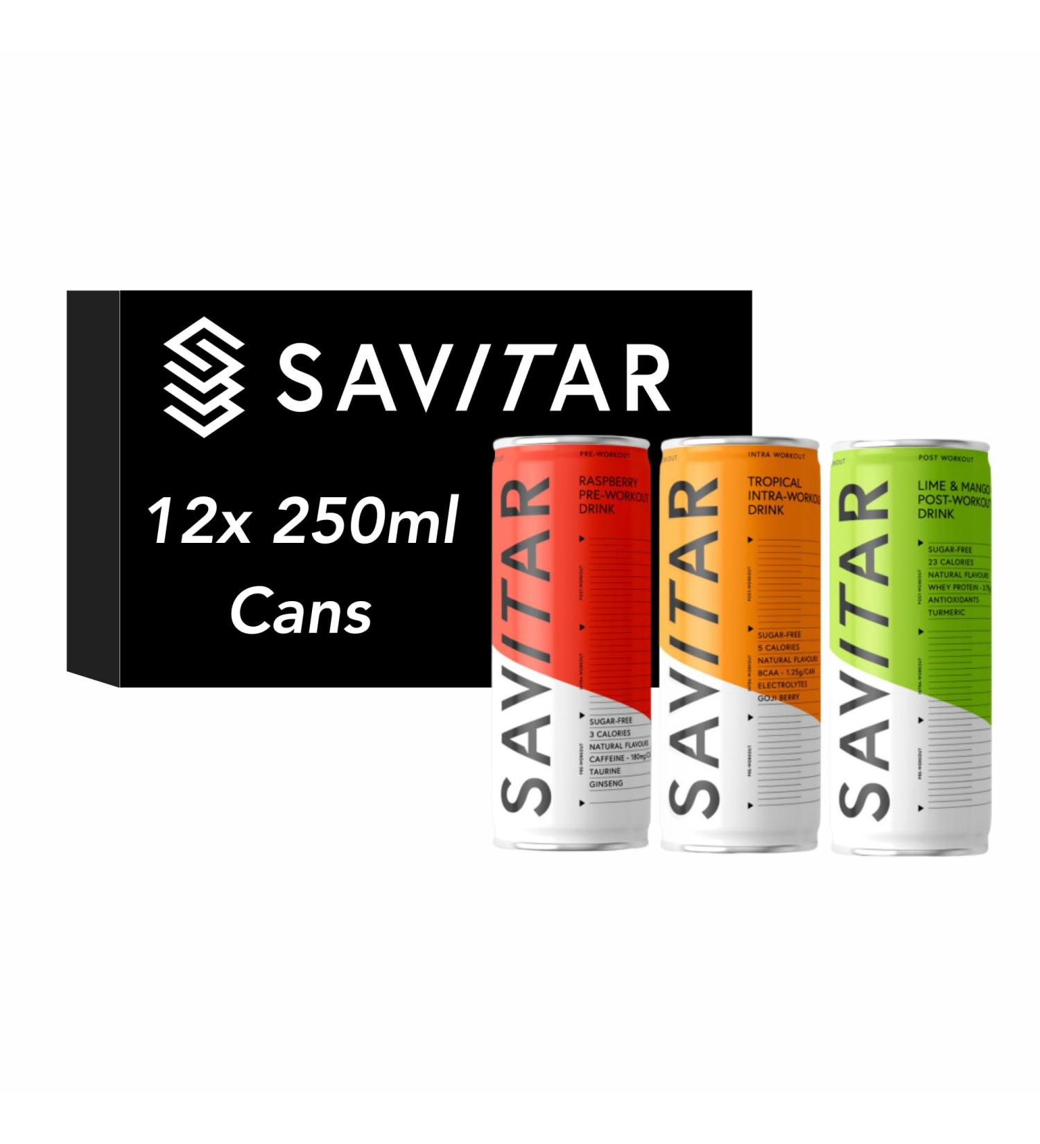 Savitar Pre Workout Intra & Post Workout Variety Pack | Raspberry Tropical Lime & Mango Flavours Low Calorie Sugar Free Sports Drinks Pack of 12 x 250ml cans - Buy Online on GoSupps.com