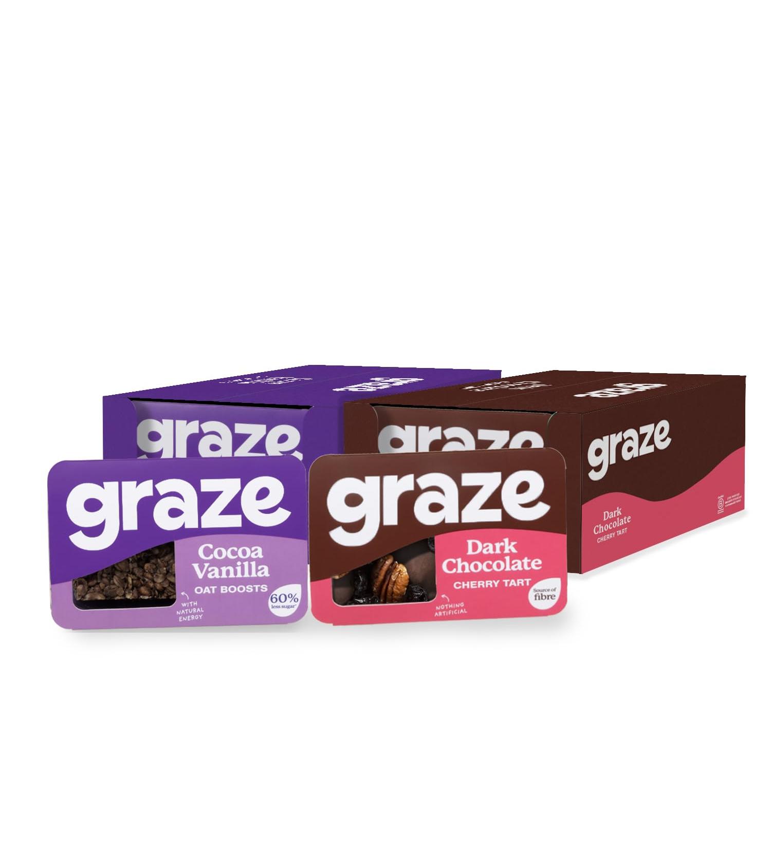 Graze - Sweet Snacks Bundle of Cocoa Vanilla Oat Flapjacks and Dark Chocolate Chery Tart Mixed Snacks - with Natural Flavours - Pack of 18 Snacks Cocoa Vanilla and Dark Chocolate Cherry Tart 18 count - Buy Online on GoSupps.com