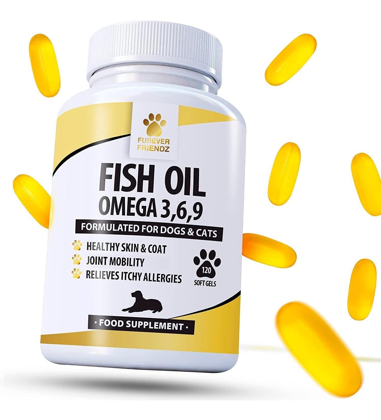 Fish Oil Omega Supplements for Dogs and Cats - 120 Softgels for Pets - Great for Itchy Dry Skin Allergies & Dandruff Furever Friendz - Buy Online on GoSupps.com