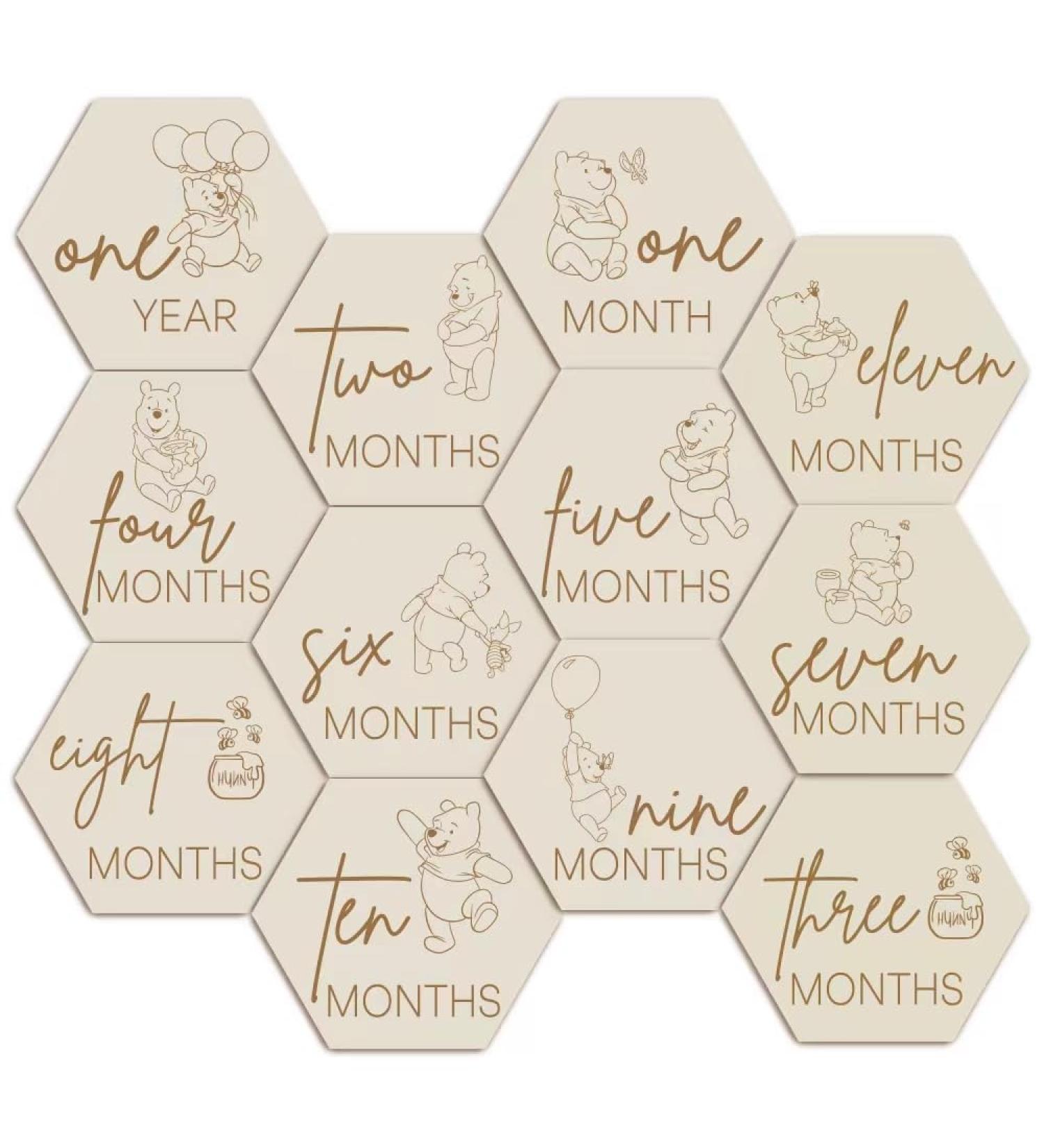 Winnie Baby Announcement Sign - Newborn Wooden Hexagon Photo Prop & Nursery Gift (12PCS) - International Shipping Available - Buy Online on GoSupps.com