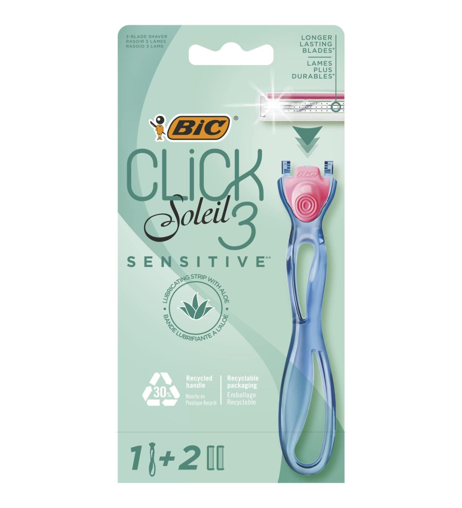 Bic Click 3 Soleil Sensitive Women's Razor - 30% Recycled Handle - 3-Blade Refills - Box of 1+2 Bundle - Buy Online on GoSupps.com