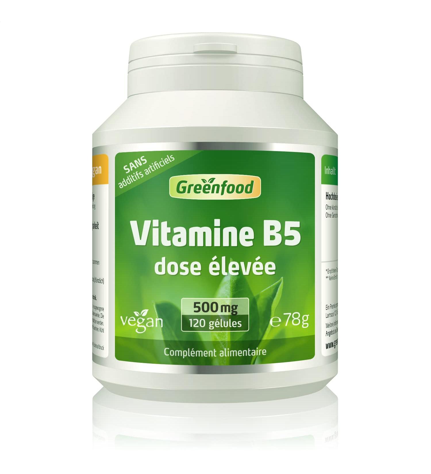 Greenfood Vitamin B5 (Pantothenic Acid) 500 mg High Dose 120 Capsules - For Normal Mental Performance. No Artificial Additives No Genetically Modified Organisms. Vegan - Buy Online on GoSupps.com